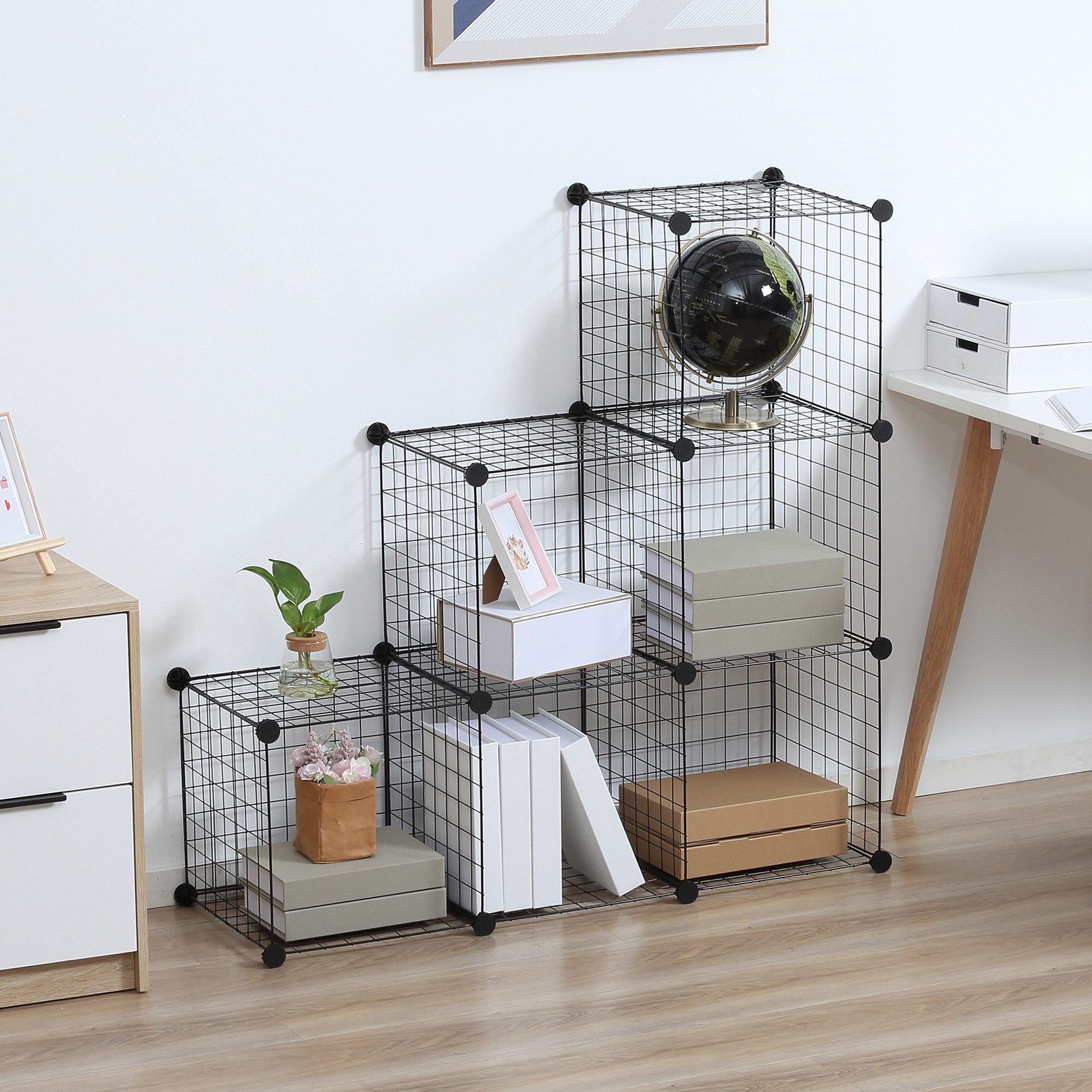 HOMCOM Steckregal Regalsystem, mit 6 Fächern, Schlafzimmer, Schwarz, DIY Würfelregal aus Drahtgitter 1-tlg., Stufenregal für Wohnzimmer, Büro