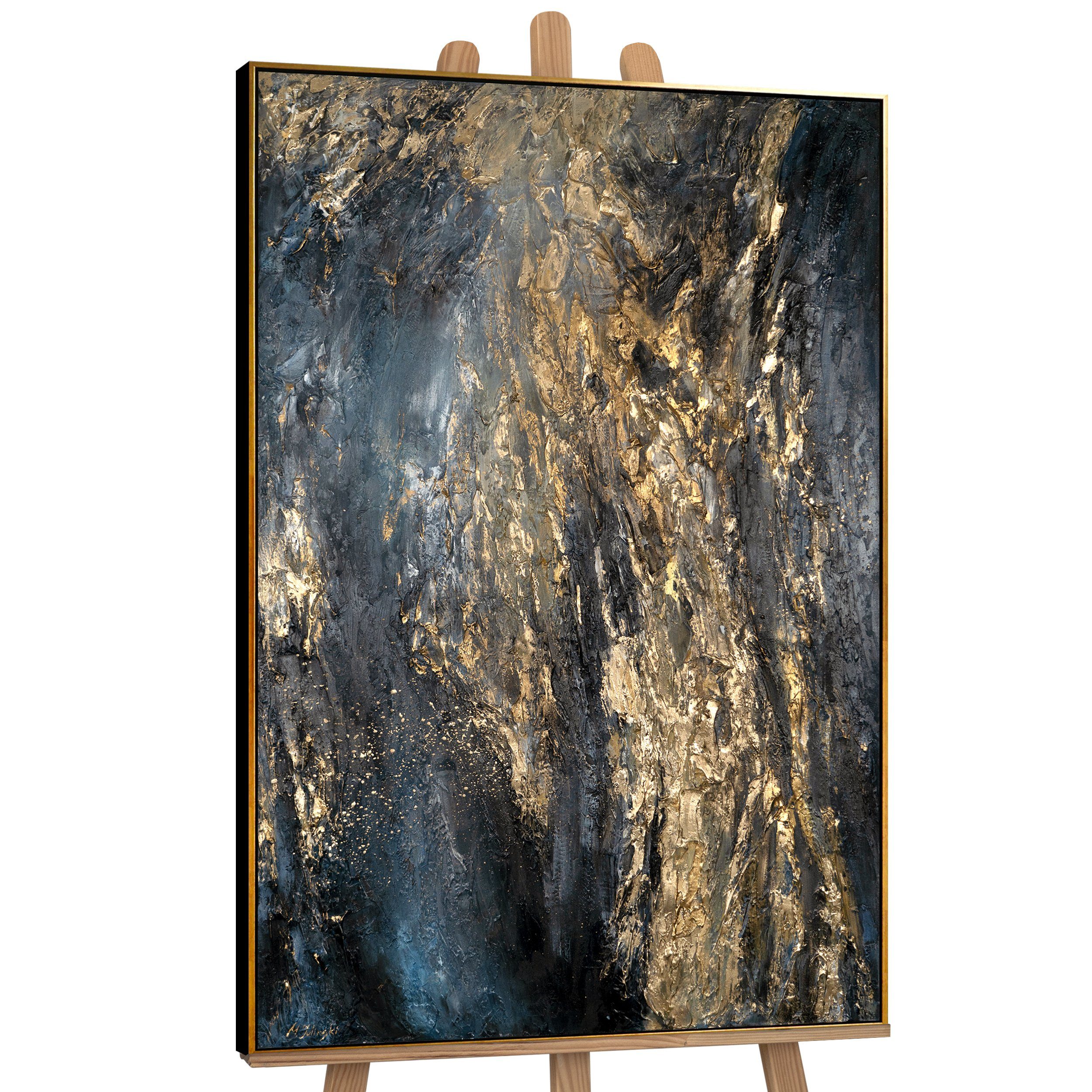 YS-Art Gemälde Azurblau, Leinwandbild Abstraktion Blau und Gold mit einem Schattenfugenrahmen