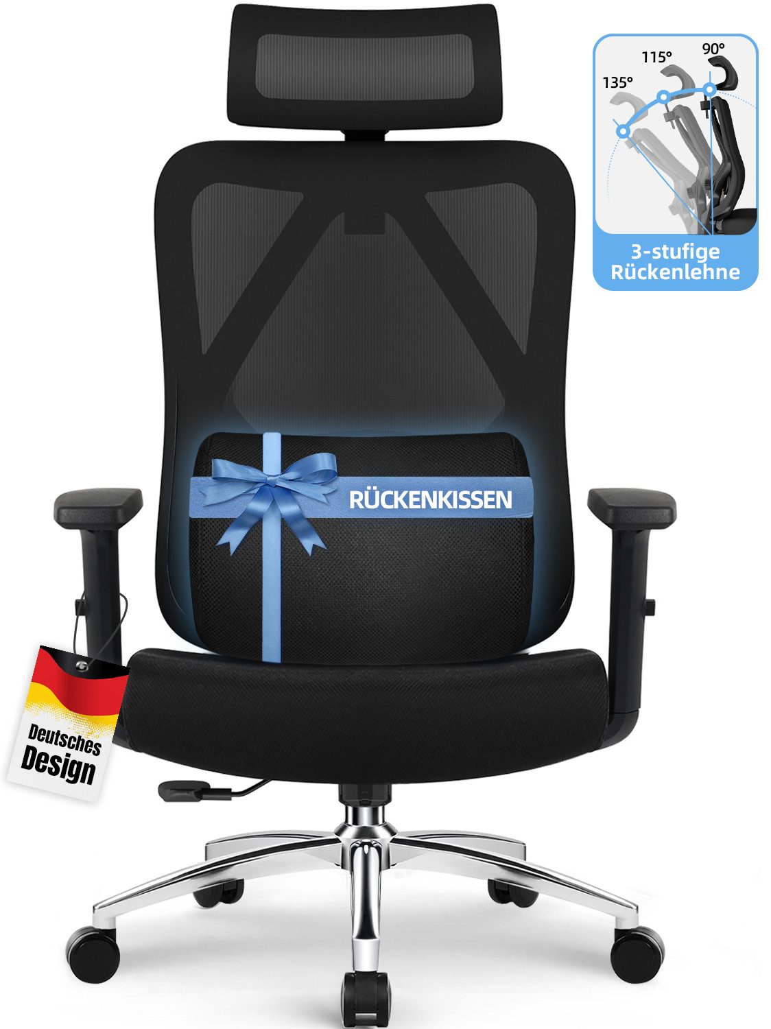 Bürostuhl Bürostuhl ergonomisch, Schreibtischstuhl 3D Memory-Schaum Lendenstütze