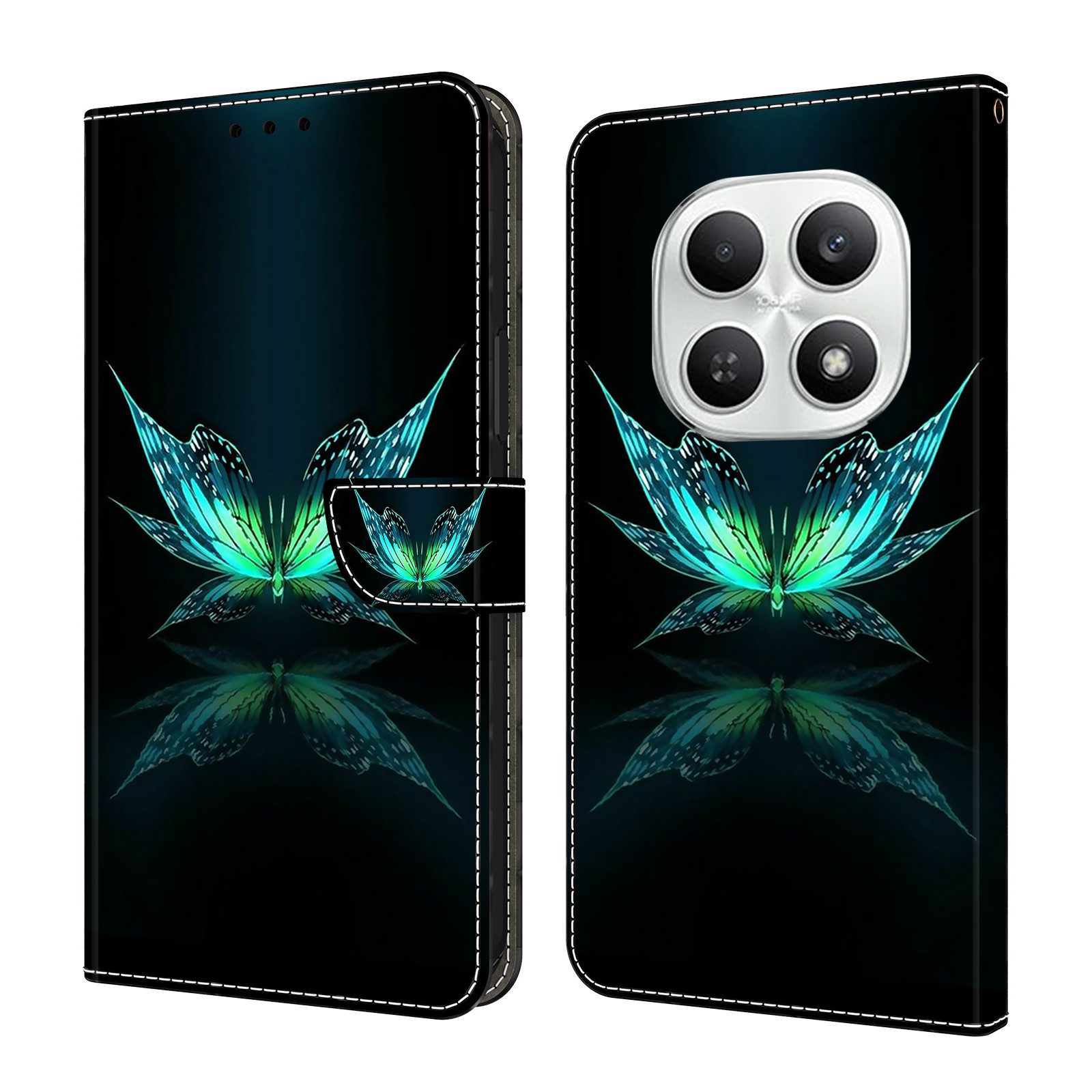 CLM-Tech Handytasche für Xiaomi Redmi Note 15 5G Klapphülle aus PU Leder (schwarz türkiser Schmetterling, 1-tlg., Flip Case), Magnetverschluss, Standfunktion und Kartenfächer