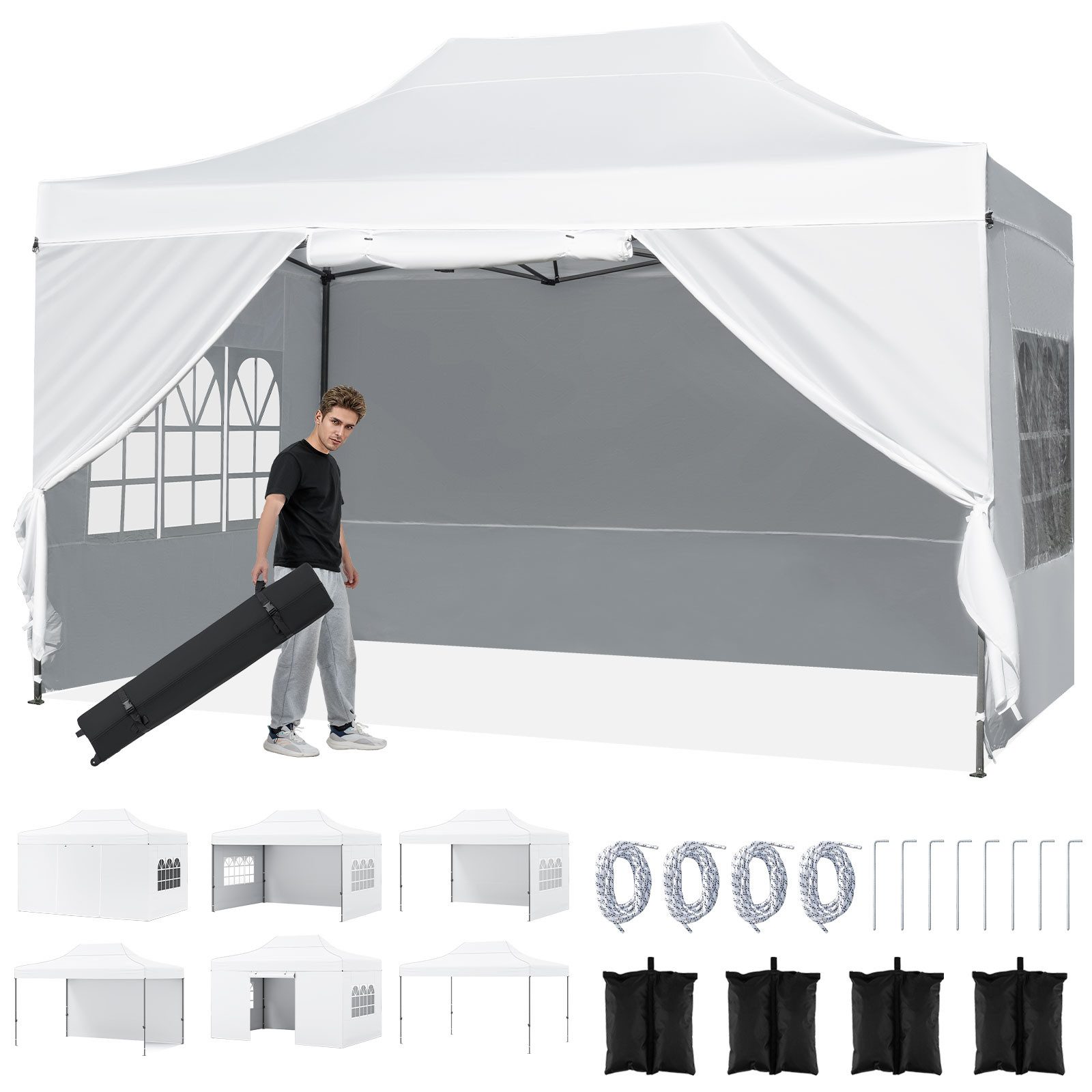 COSTWAY Faltpavillon, Pop up Pavillon wasserdicht stabil mit 4 Seitenwänden