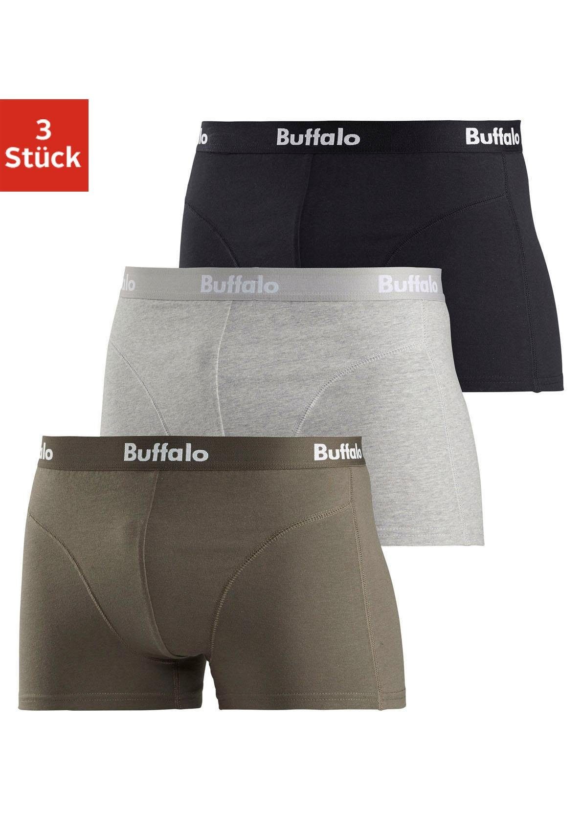 Buffalo Boxer (Packung, 3-St) mit Overlock-Nähten vorn olivgrün, grau-meliert, schwarz
