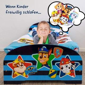 W&O Products B.V. Kinderbett PAW Patrol Bett 140 x 70 cm, Kinderbett für Jungen und Mädchen ab 2 Jahren, Juniorbett mit Rausfallschutz & Lattenrost, Kinderzimmermöbel mit coolem Design (tierische Helden), Paw Patrol Design