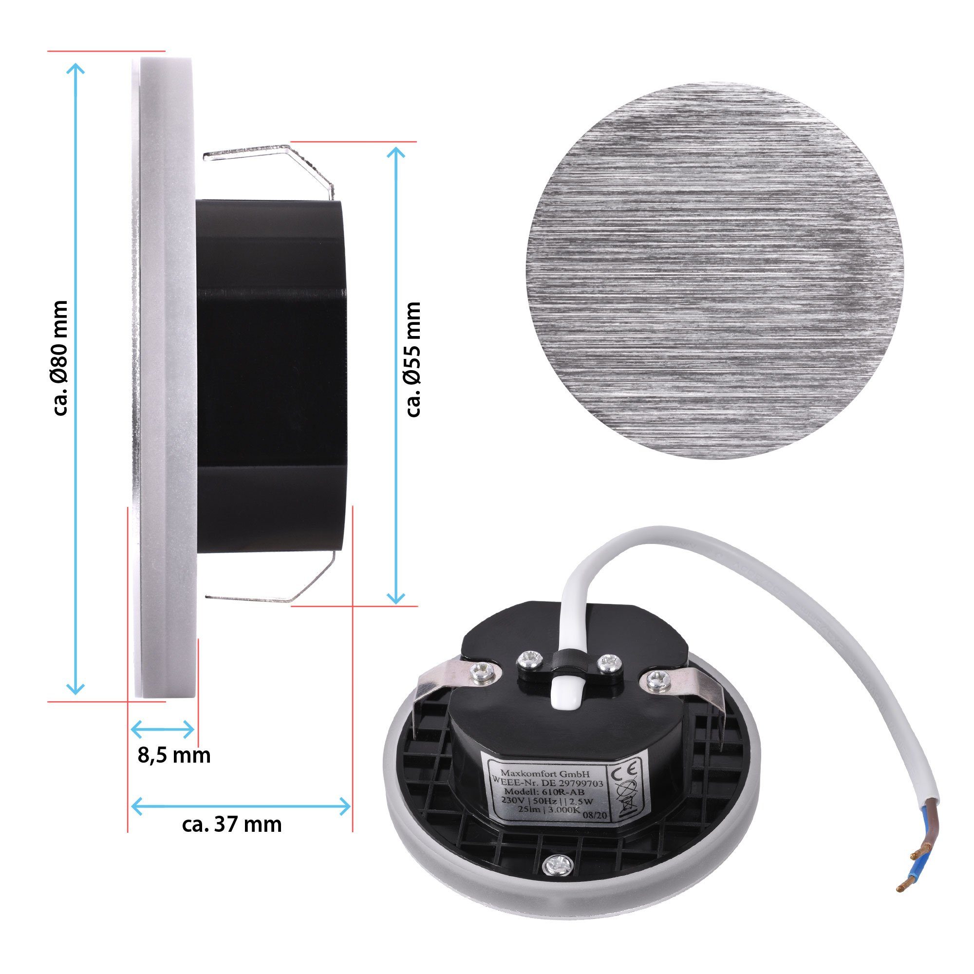 Maxkomfort LED Wandstrahler Treppenbeleuchtung LED 230V, Warmweiß 2,5W, Rund & Eckig, LED fest integriert, 3000K, Warmweiß, Treppenbeleuchtung