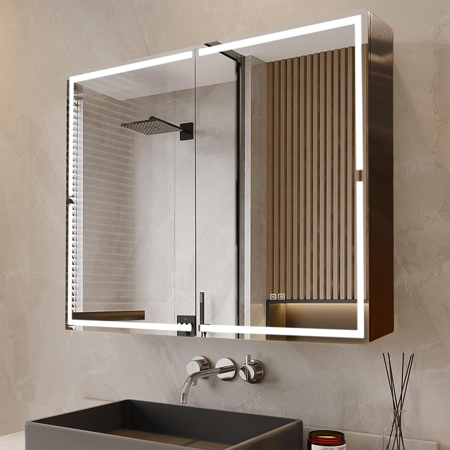 Fine Life Pro Badspiegel, 3-Farbiger dimmbarer Spiegelschränke, 100x70x14cm