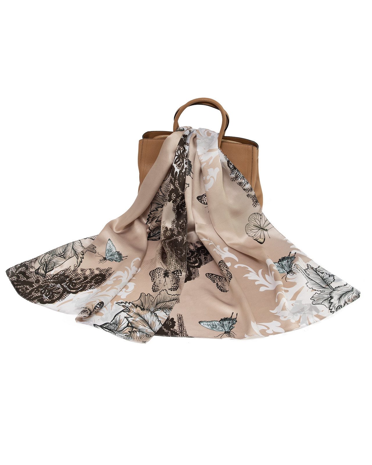 MayTree Seidenschal Lace taupe schwarz, 55x175cm, leichter Damen-Schal, alljährig, (Stück), Seidentuch 100% Seide