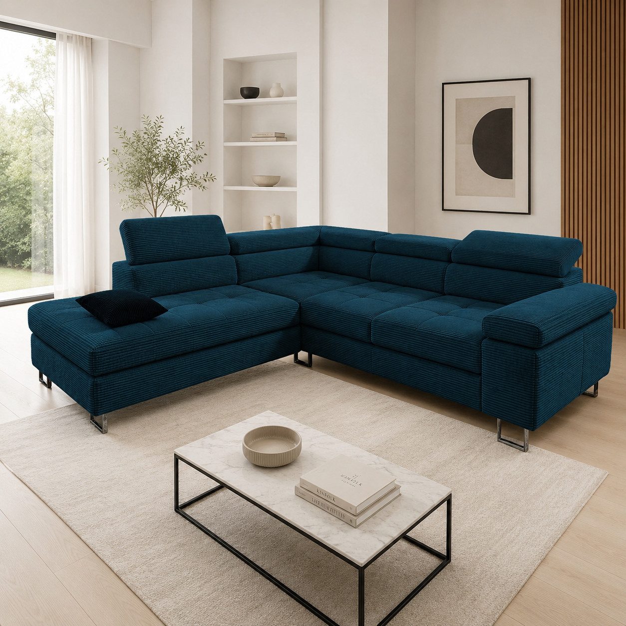 Goldstoff Ecksofa mit Schlaffunktion, Cord Couch für Wohnzimmer - Cord Ecksofa, Cord Sofa VOYAGE 2 Teile, Großer Bettkasten