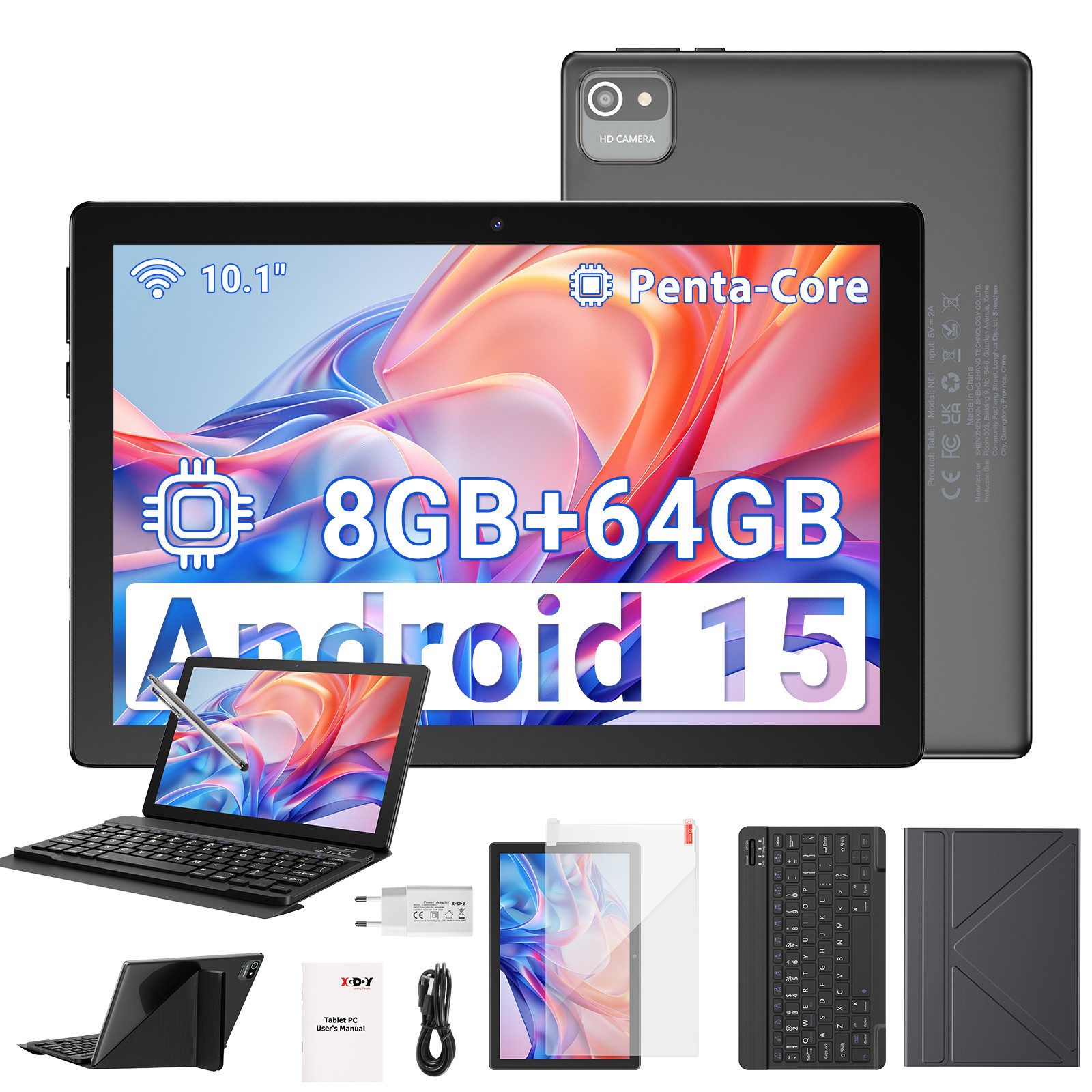 XGODY TAB N01 Tablet 10 Zoll, Android Tablet, 64GB ROM (TF 1TB), 5G WiFi Tablet (10.1", 64 GB, Android 15, 6000 mAh inkl. deutscher Bluetooth-Tastatur, Stift & Hülle – WiFi)