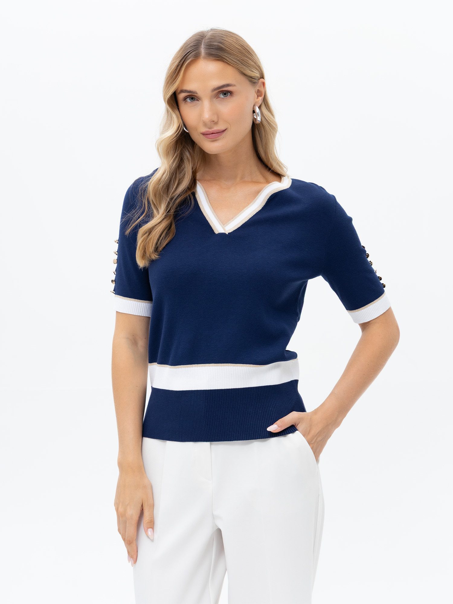 Passioni T-Shirt Strickshirt mit Knopf-Details Navy Shirt mit V-Ausschnitt und goldenen Details
