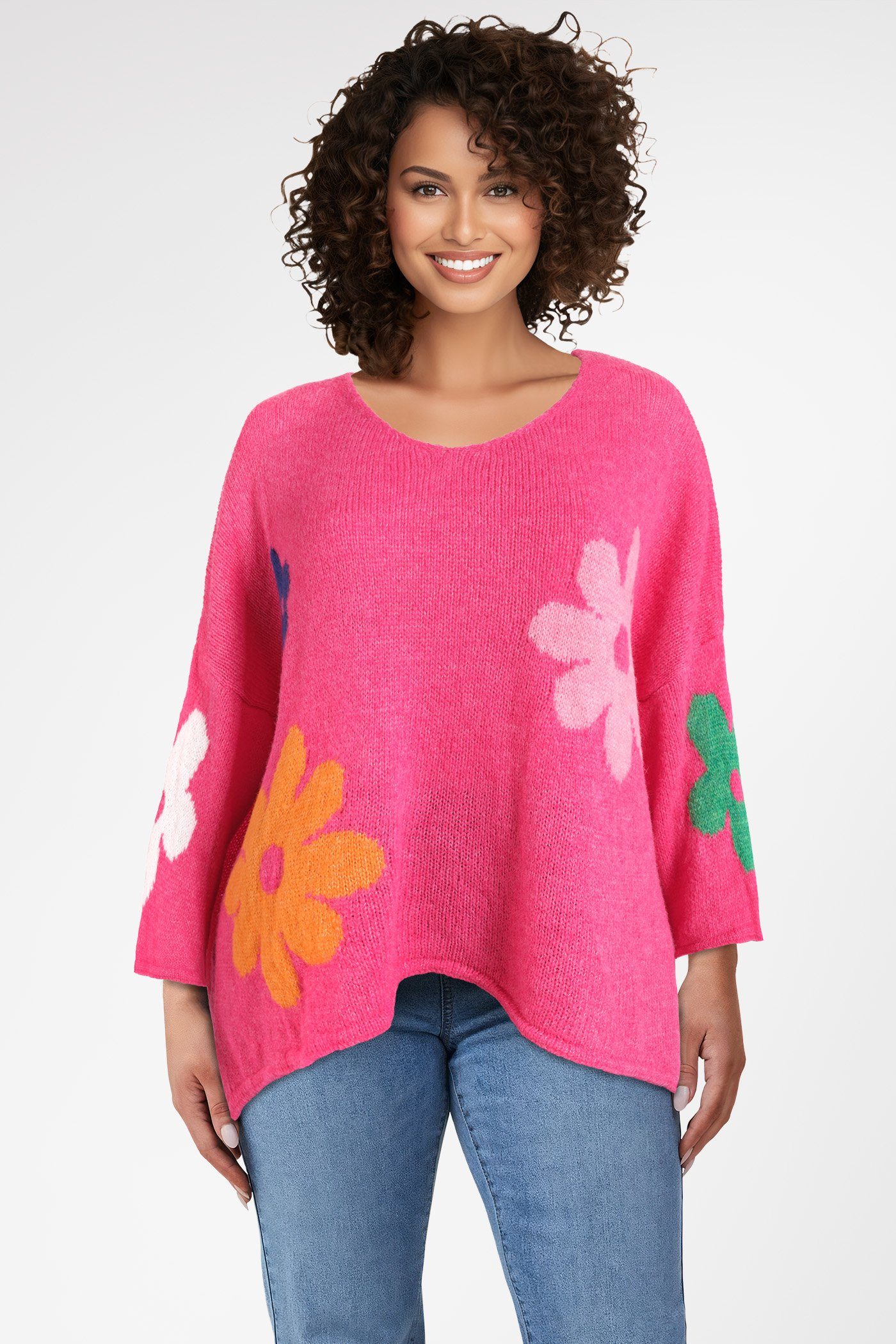 pink V-Ausschnitt Strickpullover Pullover Oversize mit und PEKIVESSA Blumenstickerei (1-tlg)
