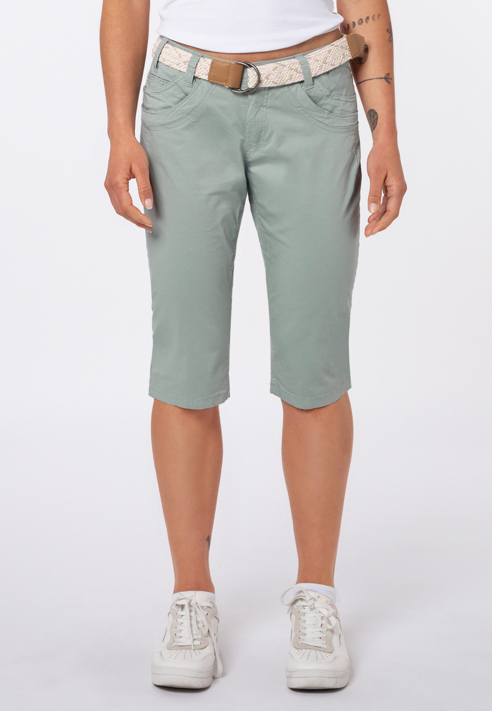 SUBLEVEL Caprihose Damen Stretch-Capri mit Gürtel Stretch-Twill-Shorts, knielang, Paper Touch