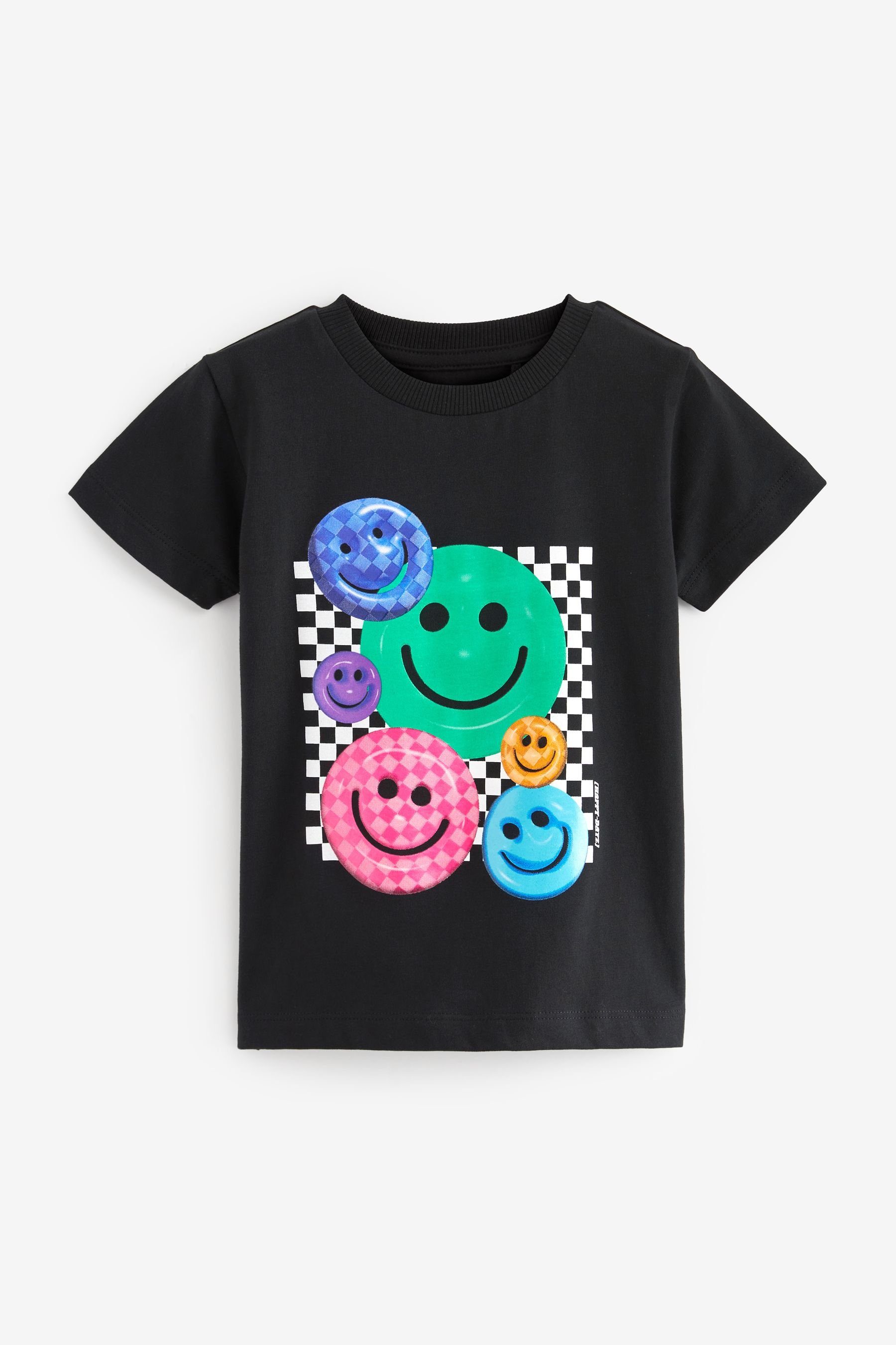 (1-tlg) Kurzarm-T-Shirt Checkerboard Black T-Shirt Next Figurenmotiv Smile mit