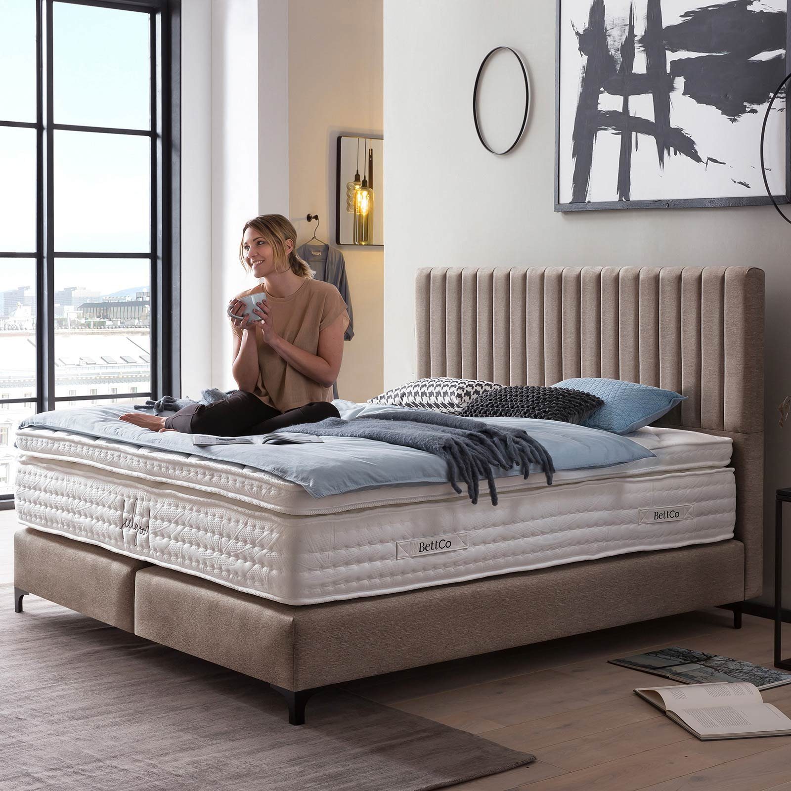 BettCo Boxspringbett Paris (in Topper, 200 Nougat + Schwarze Metallfüße Pfeifensteppung Webstoff, 140 cm), optionaler Design x