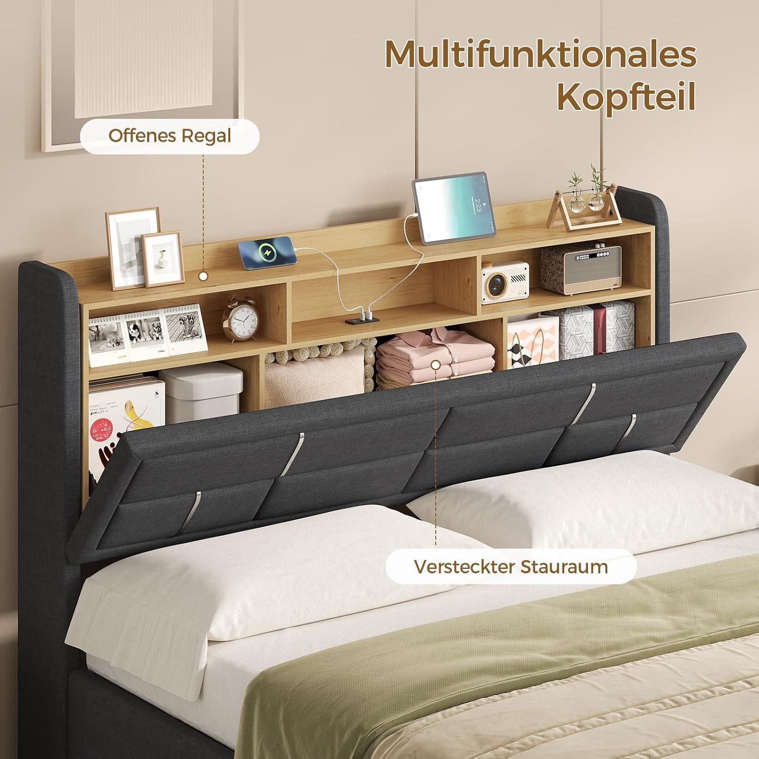 KIMENICH Polsterbett mit LED-Beleuchtung, Hydraulisches Stauraumbett (Ohne Matratze), mit Steckdosen, offenem Regal & verstecktem Stauraum, 140x200cm – Bild 5 von 5