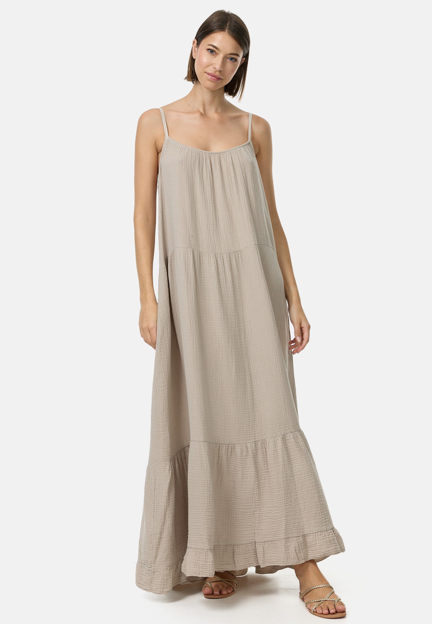 Rayshyne Maxikleid PM48 (Romantisches Maxikleid aus Musselin mit Spaghettiträgern) mit Rüschen, Atmungsaktiv, Hautfreundlich