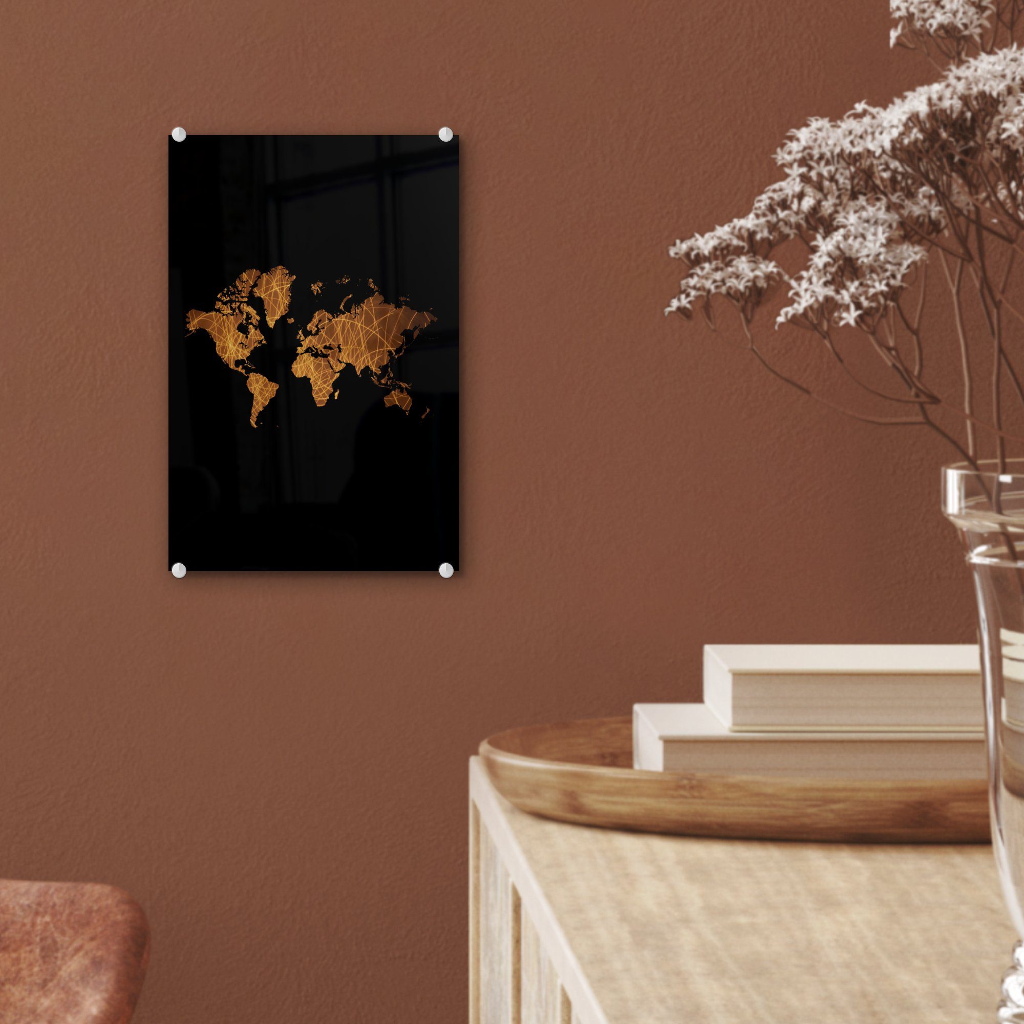 auf - (1 Glas Gold Glas St), Bilder - Acrylglasbild - - Luxus, - Wanddekoration Wandbild Glasbilder MuchoWow Weltkarte auf Foto