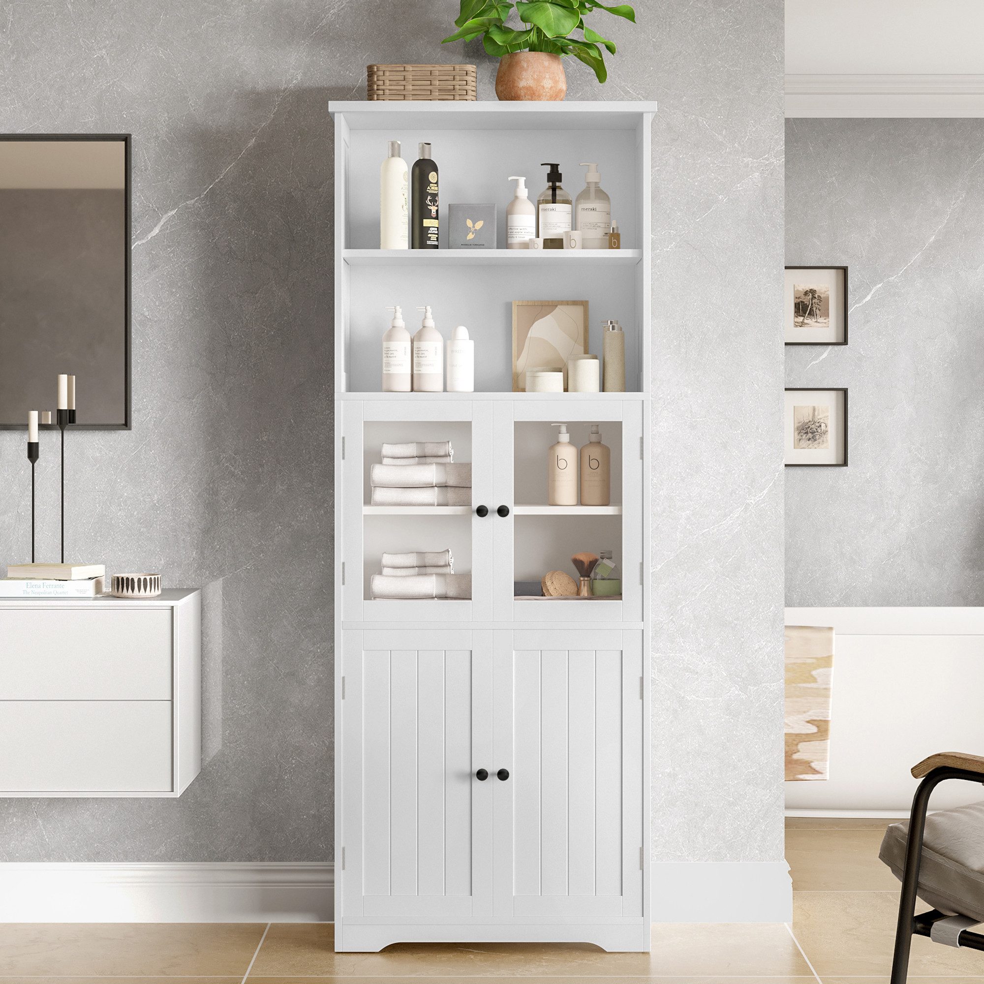 Hochschrank 57,4x28,5x160 cm mit Glastür, verstellbaren Böden, Volllackierung