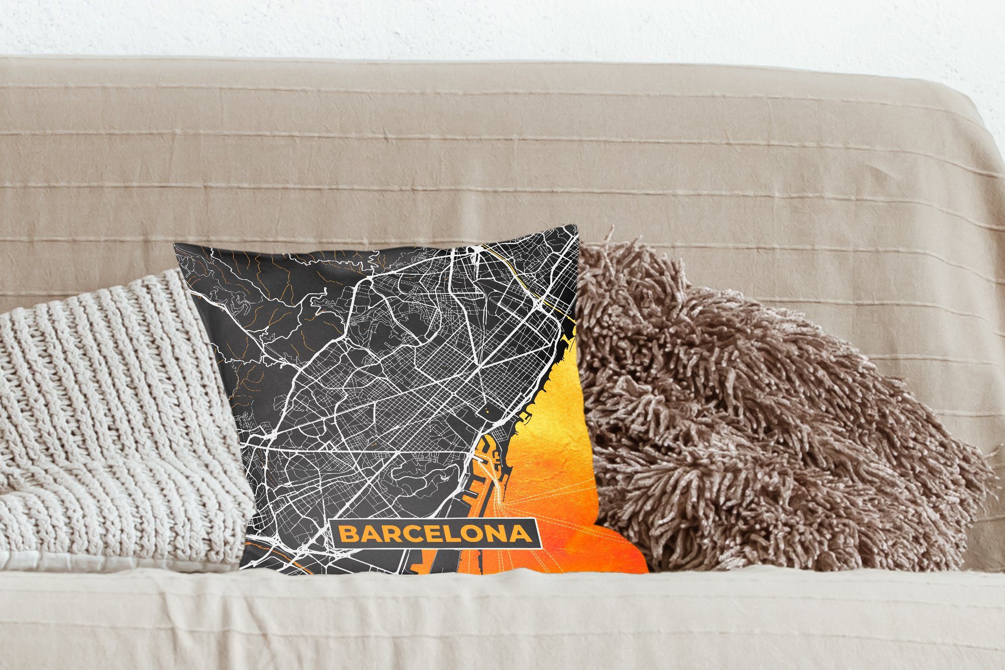 Dekokissen Stadtplan Wohzimmer, Zierkissen Barcelona - für Schlafzimmer, - Karte - Füllung Sofakissen mit Gold, MuchoWow Deko,