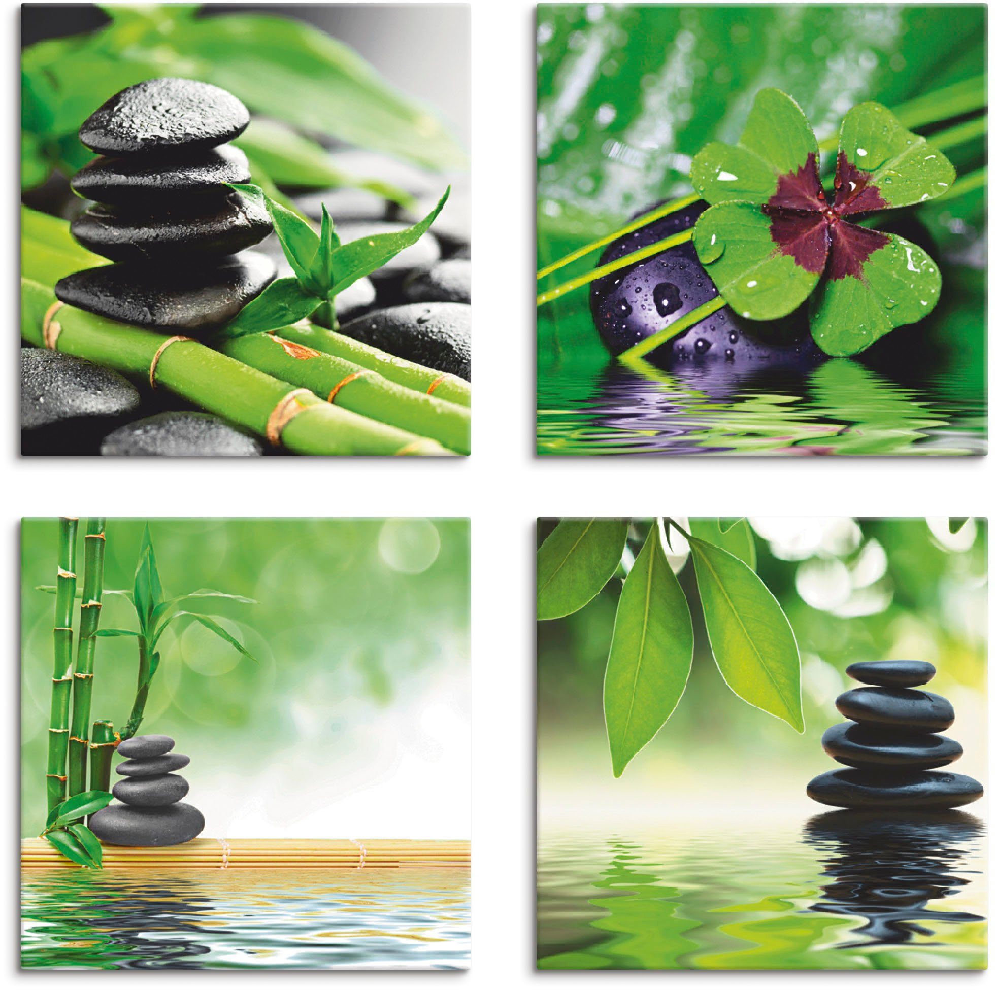 Artland Leinwandbild Glücksklee Zen St), Steinpyramide Zen Wasser, (4 Set, verschiedene Größen 4er