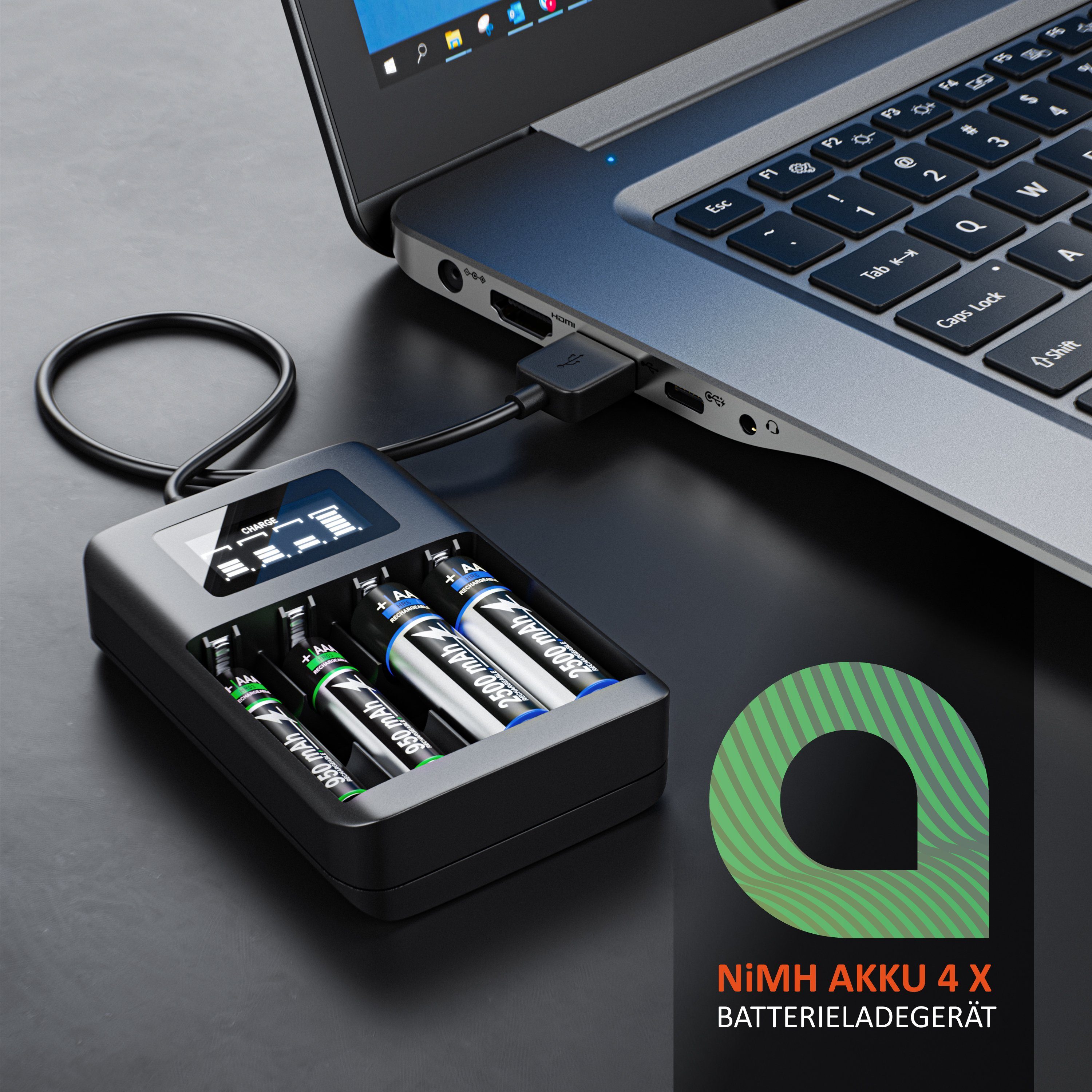 Aplic 4-Schacht USB Ni-MH Akku-Lader, Individuelle Ladeschachtüberwachung Batterie-Ladegerät (1800 mA, Universal Batterie Ladestation, Typ AA oder AAA, Einfache Handhabung)