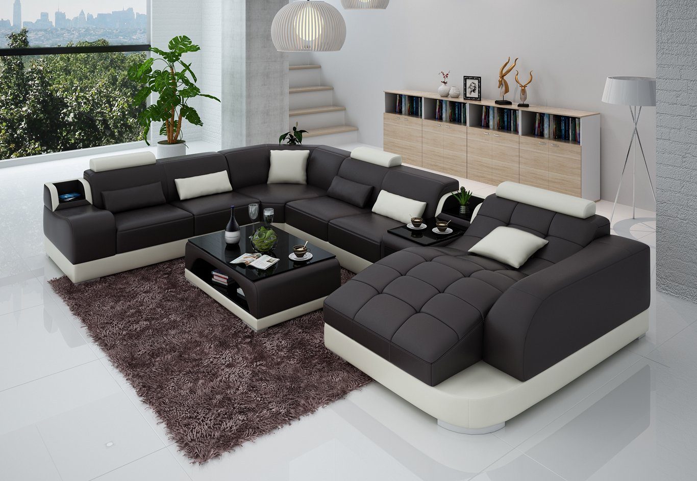 Braun/Beige Designer Ledersofa Couch JVmoebel U Made Europe Ecksofa Polster Wohnlandschaft in Sofa Form Ecksofa,