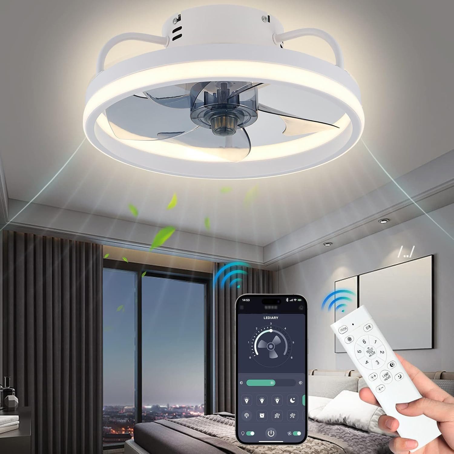 Athlix Deckenventilator Deckenleuchte LED Deckenventilator mit Fernbedienung Deckenleuchte, LED, Verstellbar, 50cm Durchmesser, 55W, 6 Geschwindigkeiten