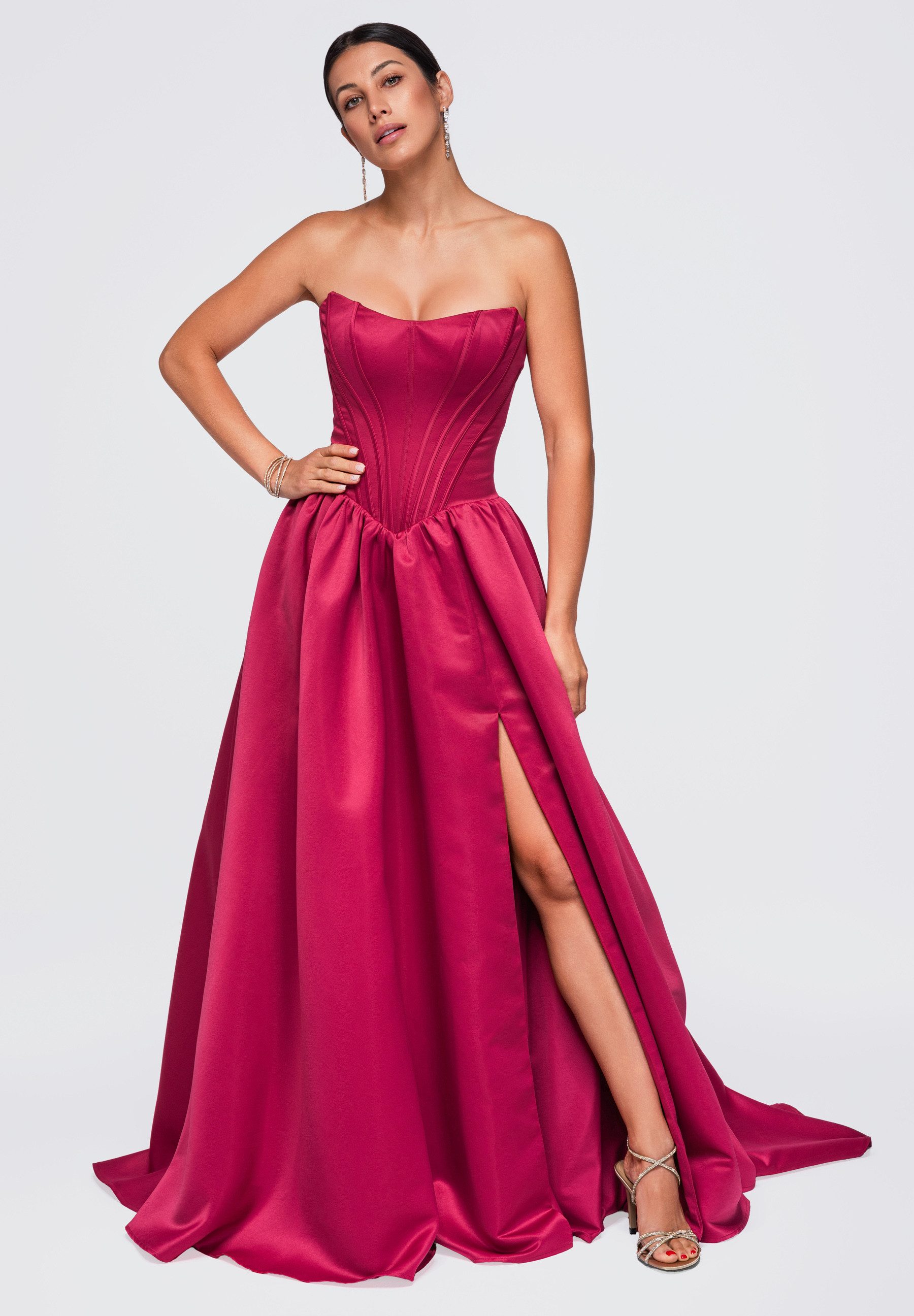 OMBRE Abendkleid Abendkleid Gorset mit fließendem Rock Bordeaux M (kein Set, 1-tlg) in Unifarbe