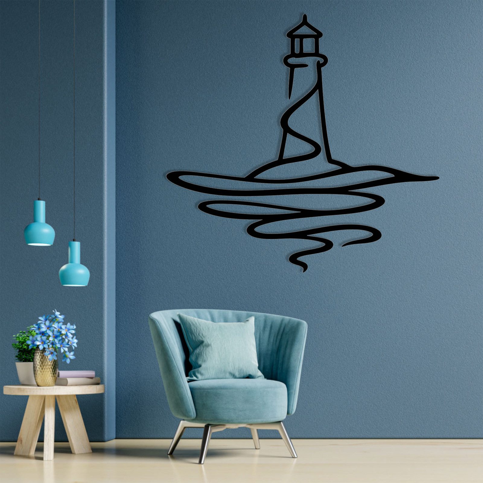 Jumpeak Wanddekoobjekt Leuchtturm-Wanddekoration,Wellenlinien,Maritime Geschenke,Minimalismus, Metall,4 Farbe,2 Maße,Deko im maritimen Stil,Geeignet für Wohn,Wu – Bild 5 von 5