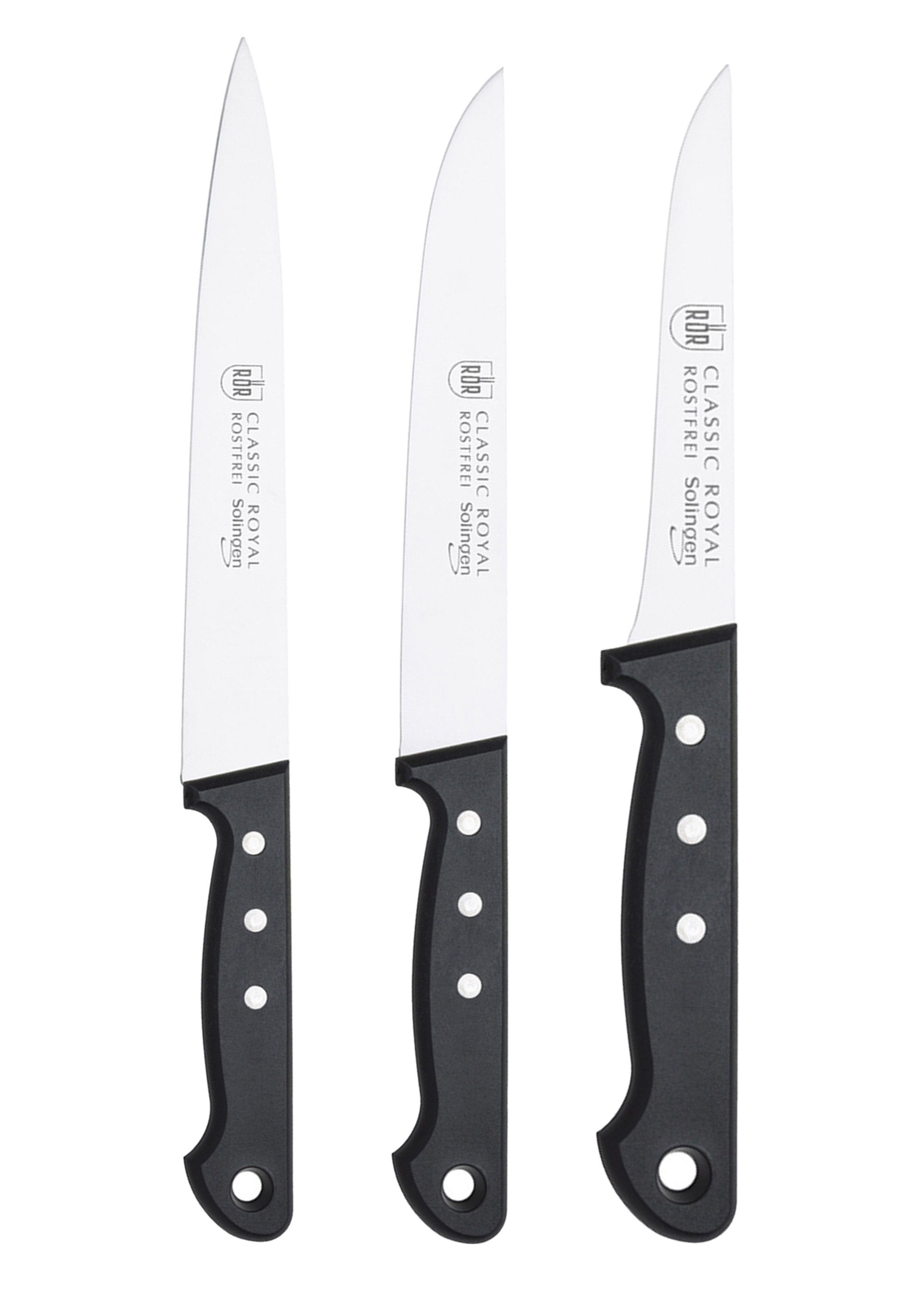 RÖR Messer-Set 10267-3, Classic Royal Fleischset - 3-tlg. Messerset -, schwarzer Kunststoffgriff mit Nieten - Made in Solingen
