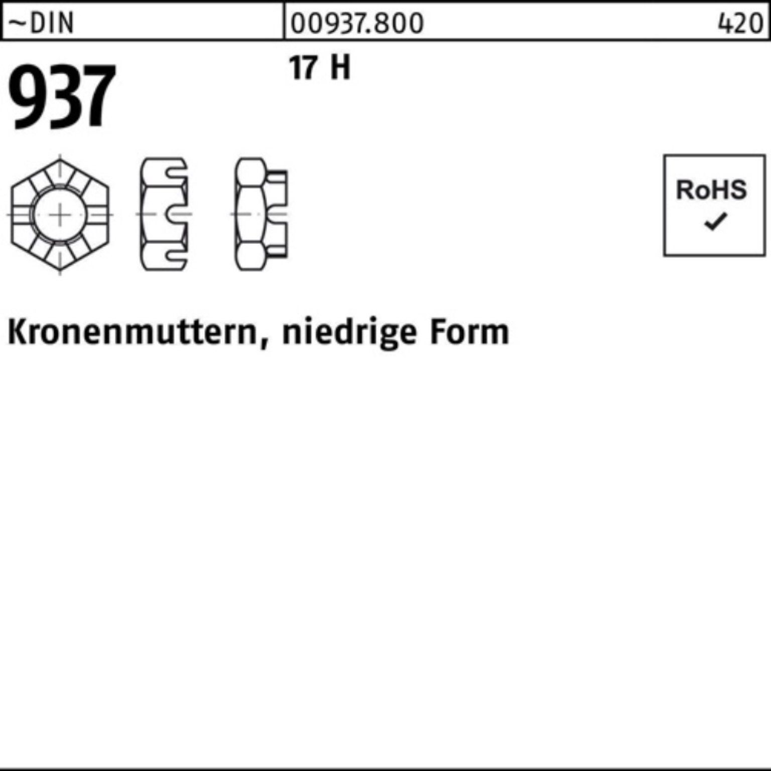 Reyher Kronenmutter 100er Pack Kronenmutter DIN 937 niedrige FormM27 17 H 10 Stück ~DIN 9