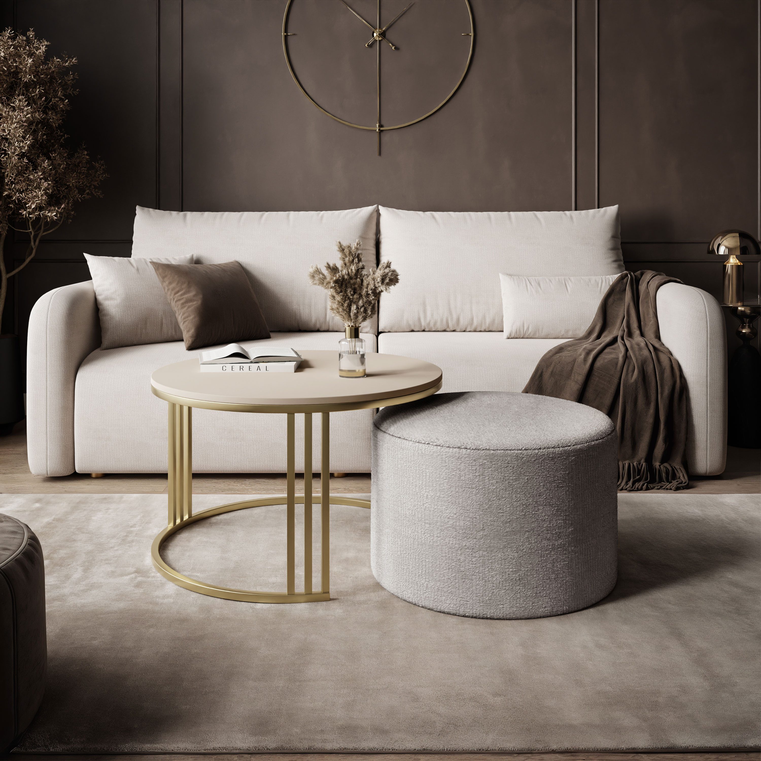 Lookway Couchtisch LORI MATT mit Hocker auf einem gebürsteten goldenen Gestell (1 Tisch mit Hocker), Durchmesser: ⌀70 cm