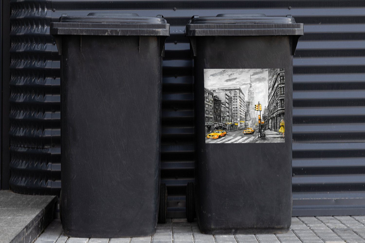 Container, Wandsticker - - Gelb Mülltonne, Abfalbehälter Sticker, St), MuchoWow (1 Malerei Mülleimer-aufkleber, - Stadt Auto