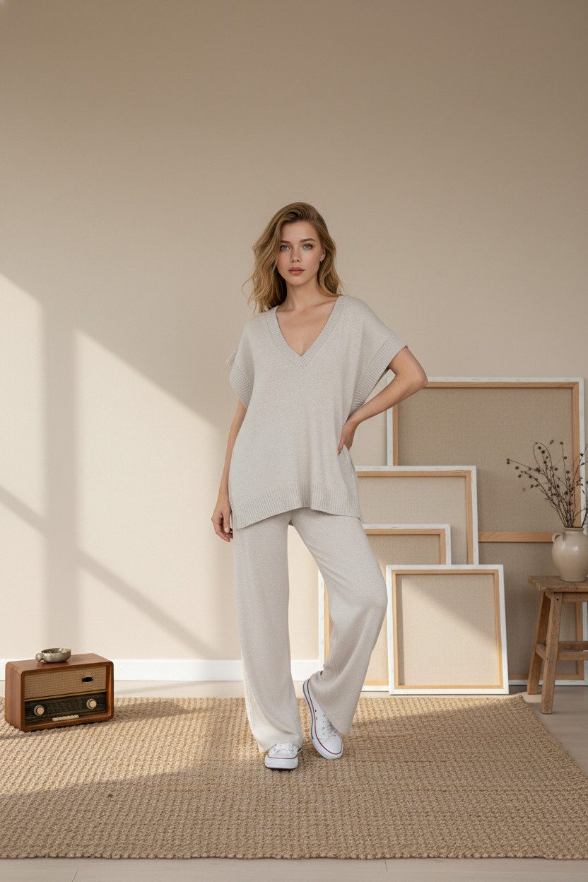 Zuckerwatte Longpullunder mit tiefem V-Ausschnitt, aus weicher Merino Cashmere Mischung