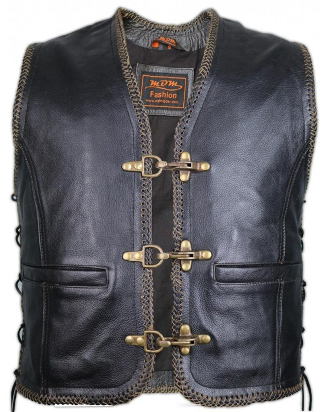 MDM Lederweste Herren Biker Lederweste mit Messing Schnallen