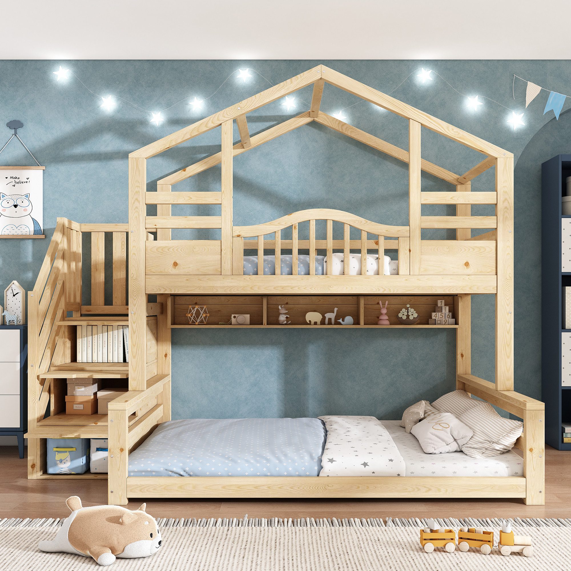 OKWISH Hochbett Bett 90x200/140x200 mit Treppenschrank – Landhausstil, viel Stauraum (Etagenbett Kinder, 1-St., mit Ablagebrett und Sicherheitsleiter) Familienbett für Eltern & Jugendliche – ohne Matratze