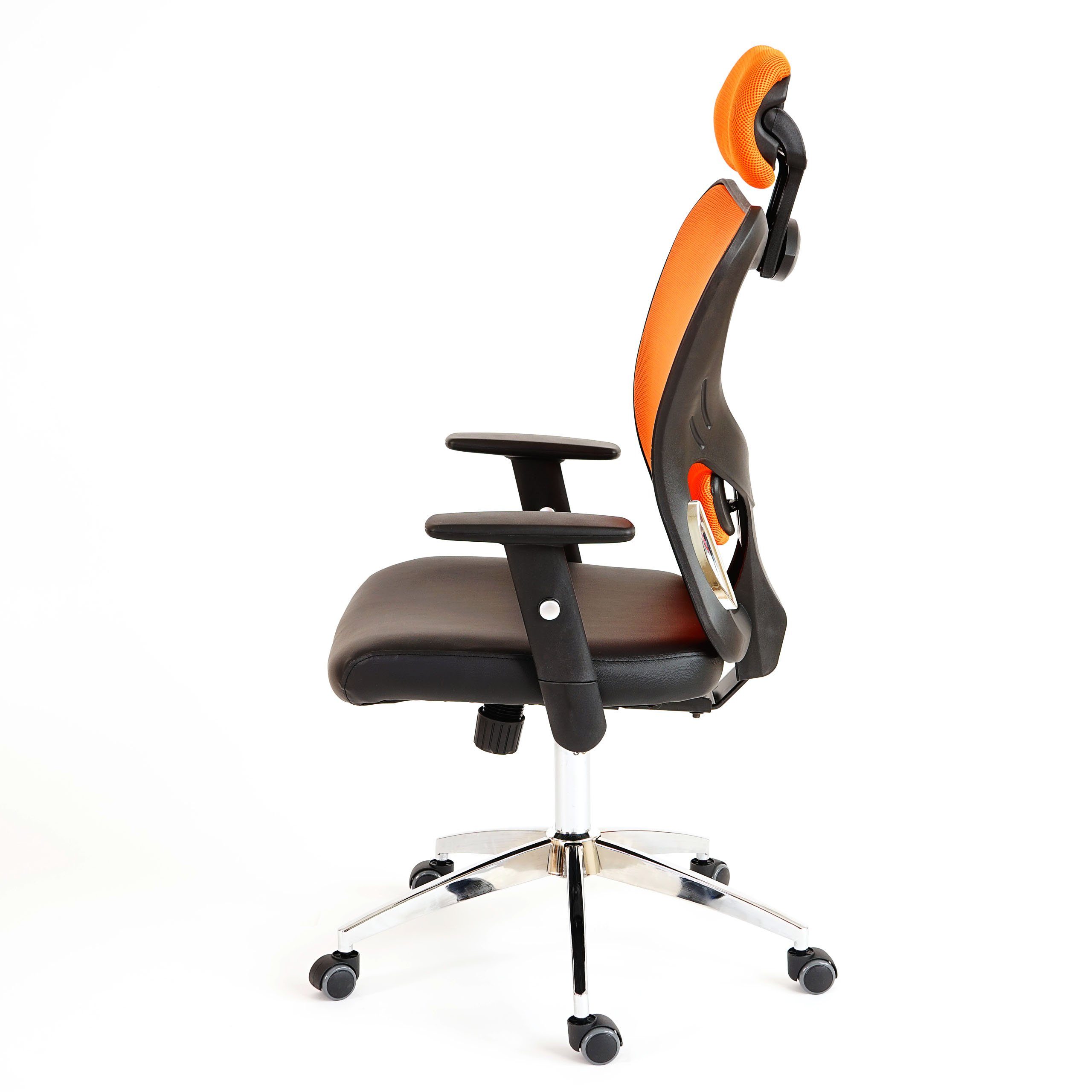 flexible höhenverstellbar, Pamplona, + schwarz,orange Schreibtischstuhl MCW Armlehnen, Kopfstütze Kopfstütze Lendenwirbelstütze Höhenverstellbare stufenlos