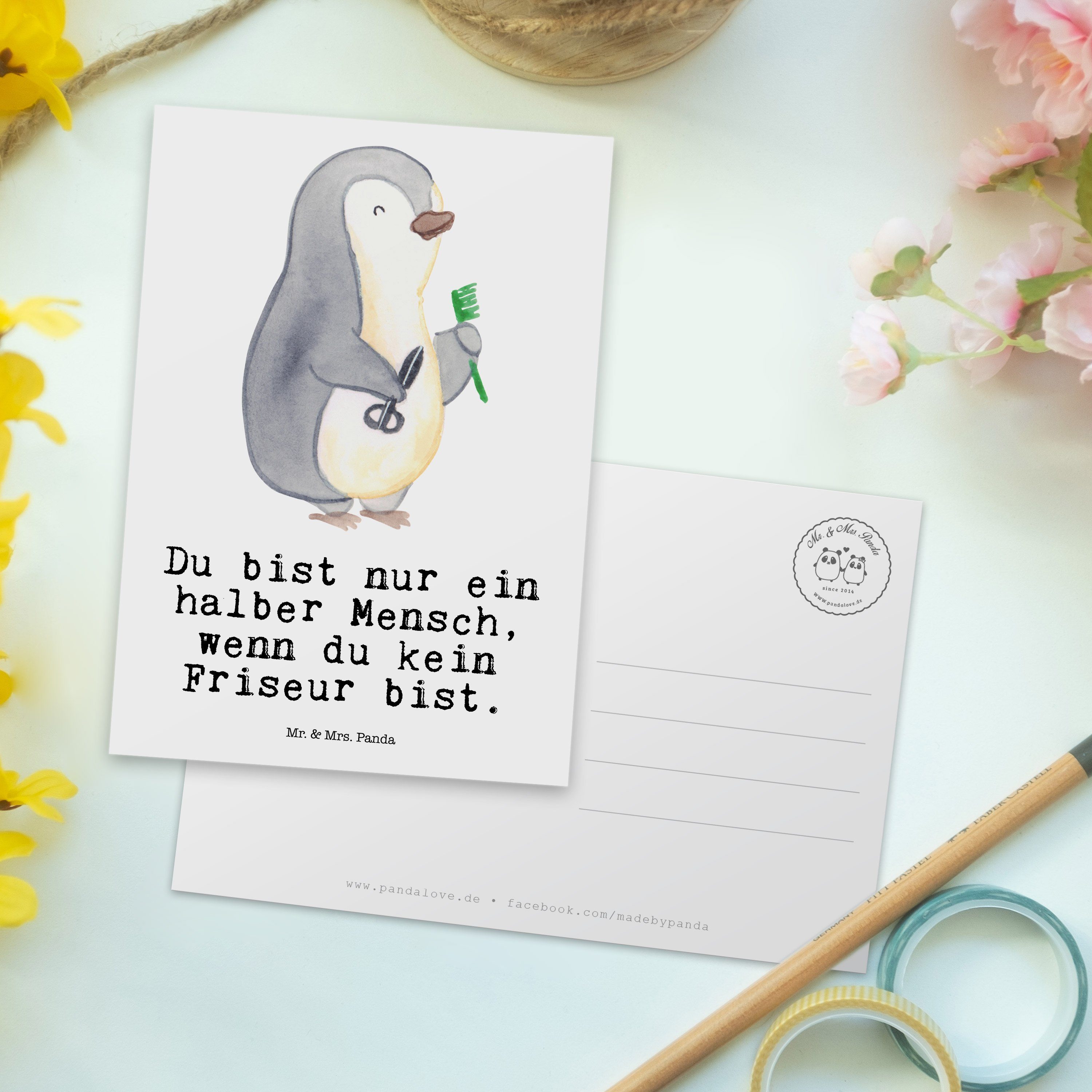 - Haarstylist, Mr. & Panda mit Friseur Arbeits Geschenk, Frisur, Herz - neue Postkarte Weiß Mrs.