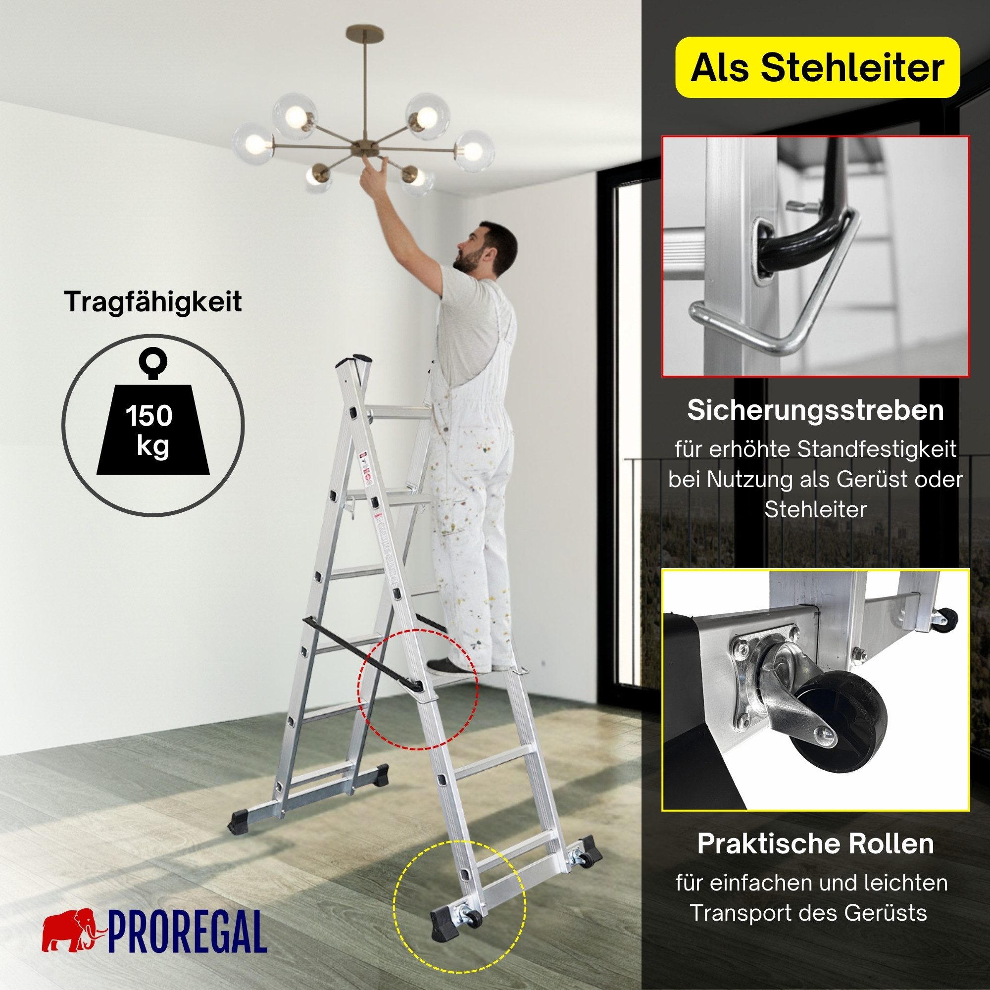 PROREGAL® Arbeitsgerüst MULTISTEP 3-in-1 Aluminiumleiter Stehleiter 2x6 Sprossen Tragl. 150kg, Stabile Sprossenleiter Anlegeleiter Mehrzweckleiter 150kg Traglas – Bild 3 von 5