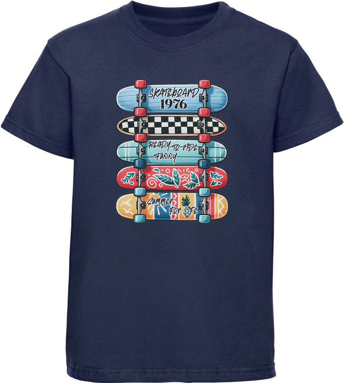 MyDesign24 T-Shirt Kinder Print Shirt fünf sommerliche Skateboards von unten Bedrucktes Jungen und Mädchen Skater T-Shirt i535