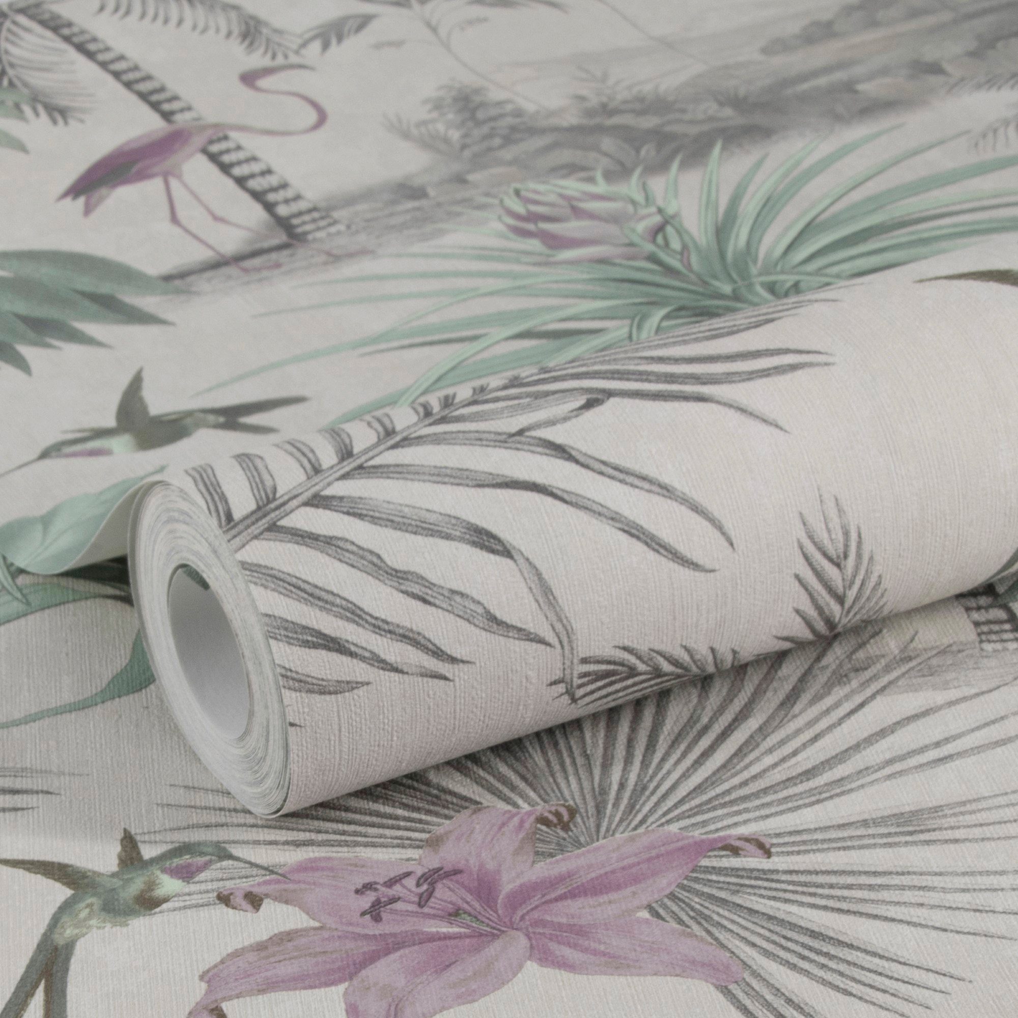WOW Vliestapete Paradies Grau/Rosa, geprägt, botanisch, FSC® zertifiziert, mit lebhaftem Druck, 10 Meter Länge