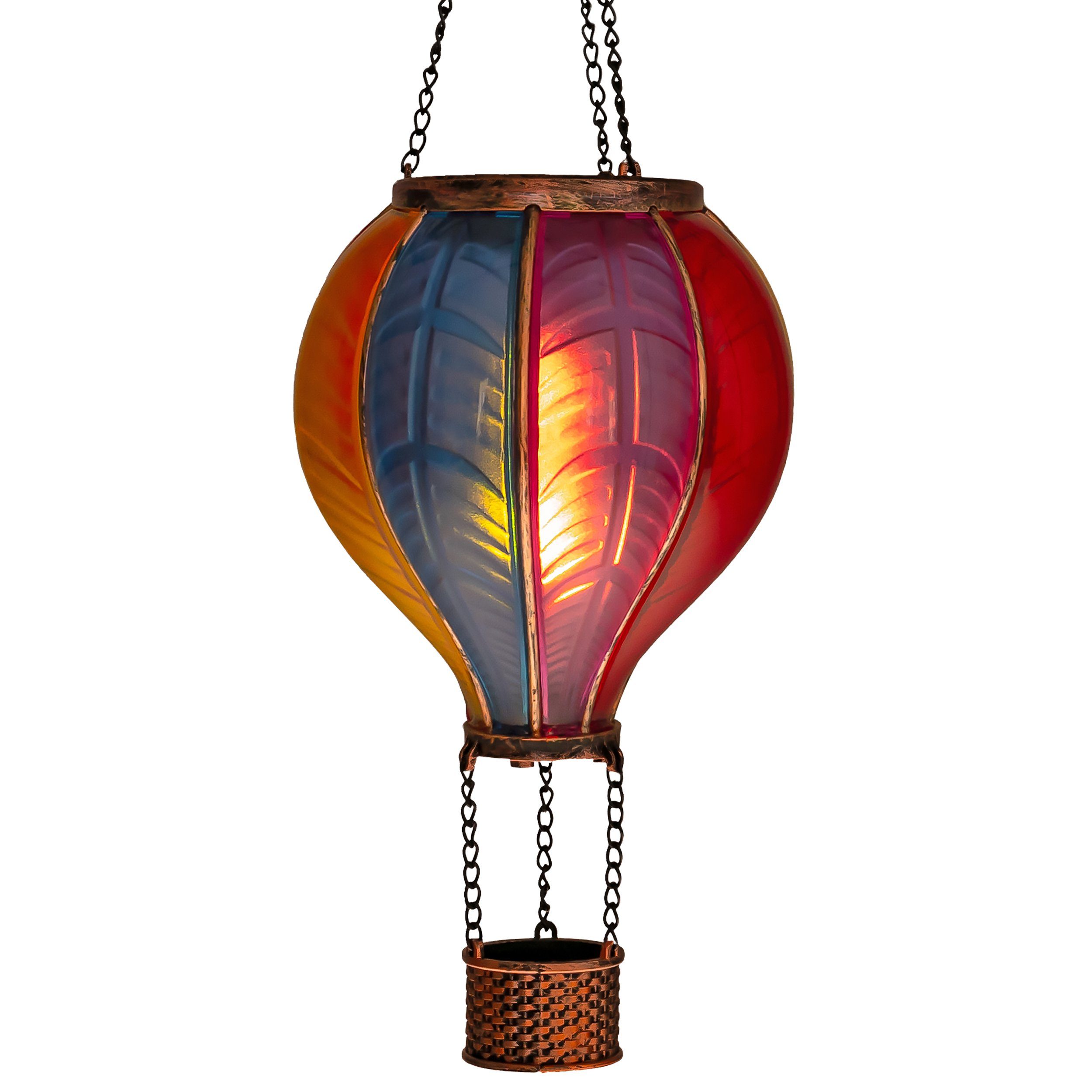 IC Gardenworld LED Solarleuchte LED Solar Heißluftballon mit Flammeneffekt Beleuchtung zum Aufhängen, LED fest integriert, warm-weiß mit Flammeneffekt, 20 warm-weiße Lichter, inkl. Metallkette, Gesamthöhe ca. 40,5 cm Regenbogenfarben