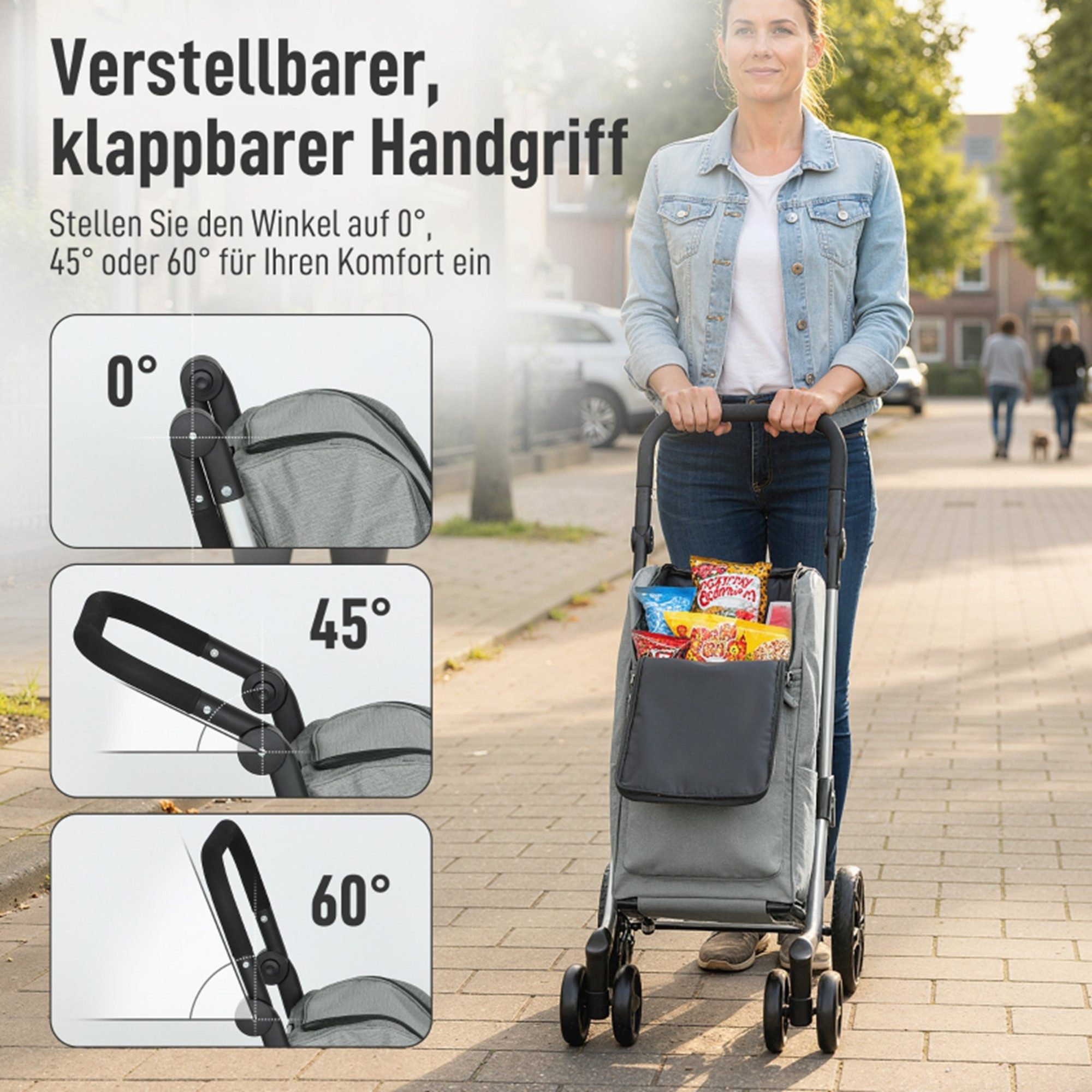 MC Star Einkaufstrolley Einkaufstrolley, 46 Liter Tasche, Faltbarer Einkaufswagen, mit Kühltasche, verstellbarer Griff, Aluminiumrahmen, Grau