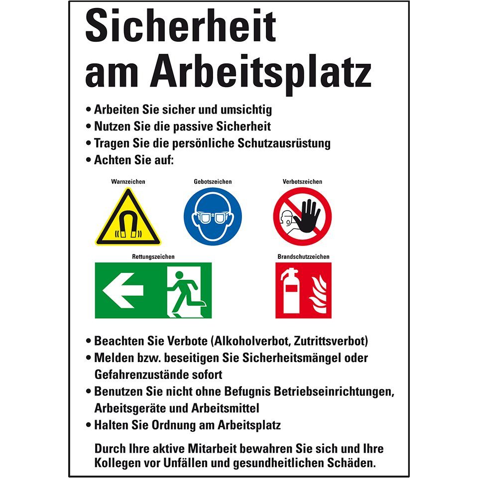 Hinweisschild Aushang Sicherheit am Arbeitsplatz, Kunststoff, 500x700mm