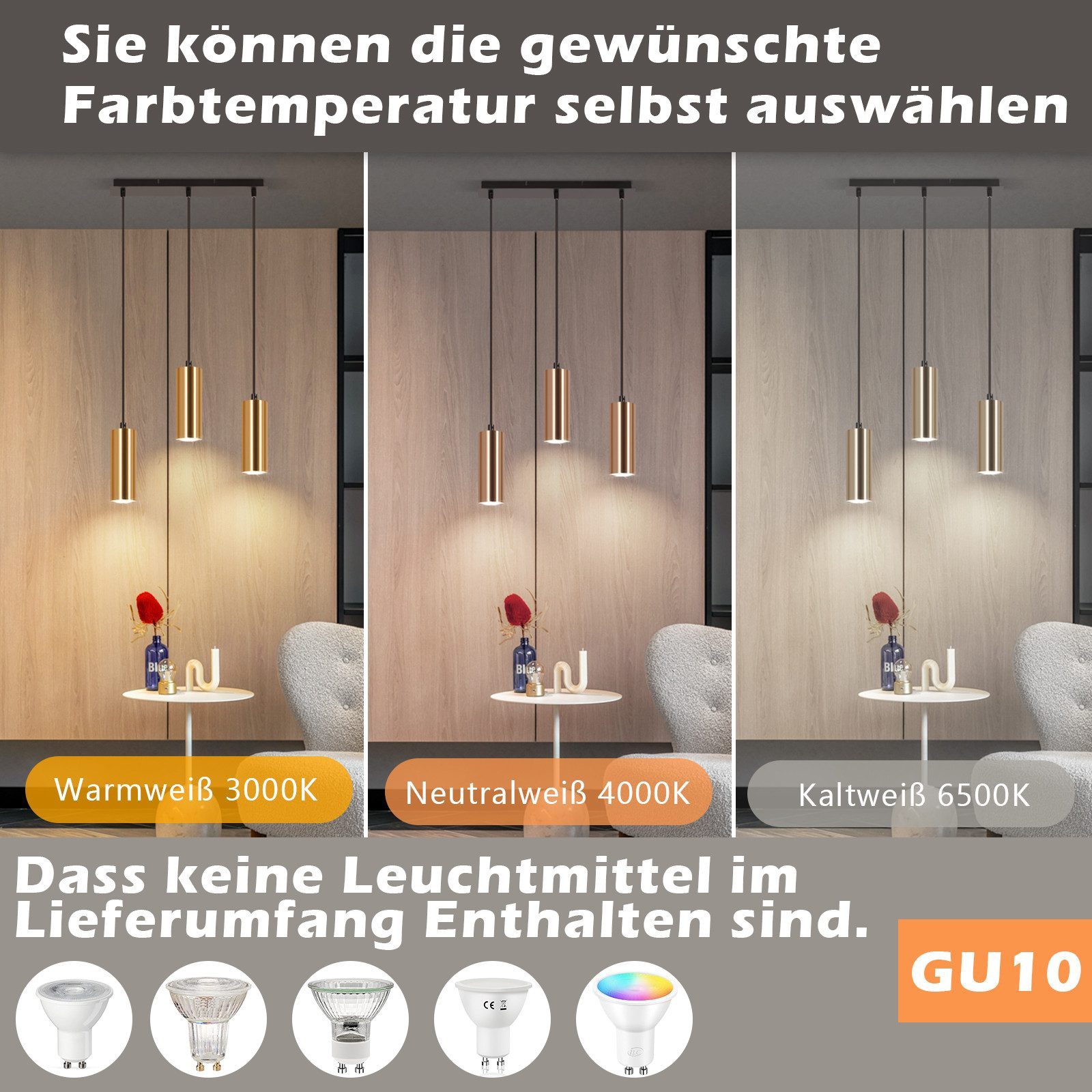 Nettlife Pendelleuchte Holz Vintage Weiß Esstisch GU10 3 Flammig Hängelampe günstig online kaufen