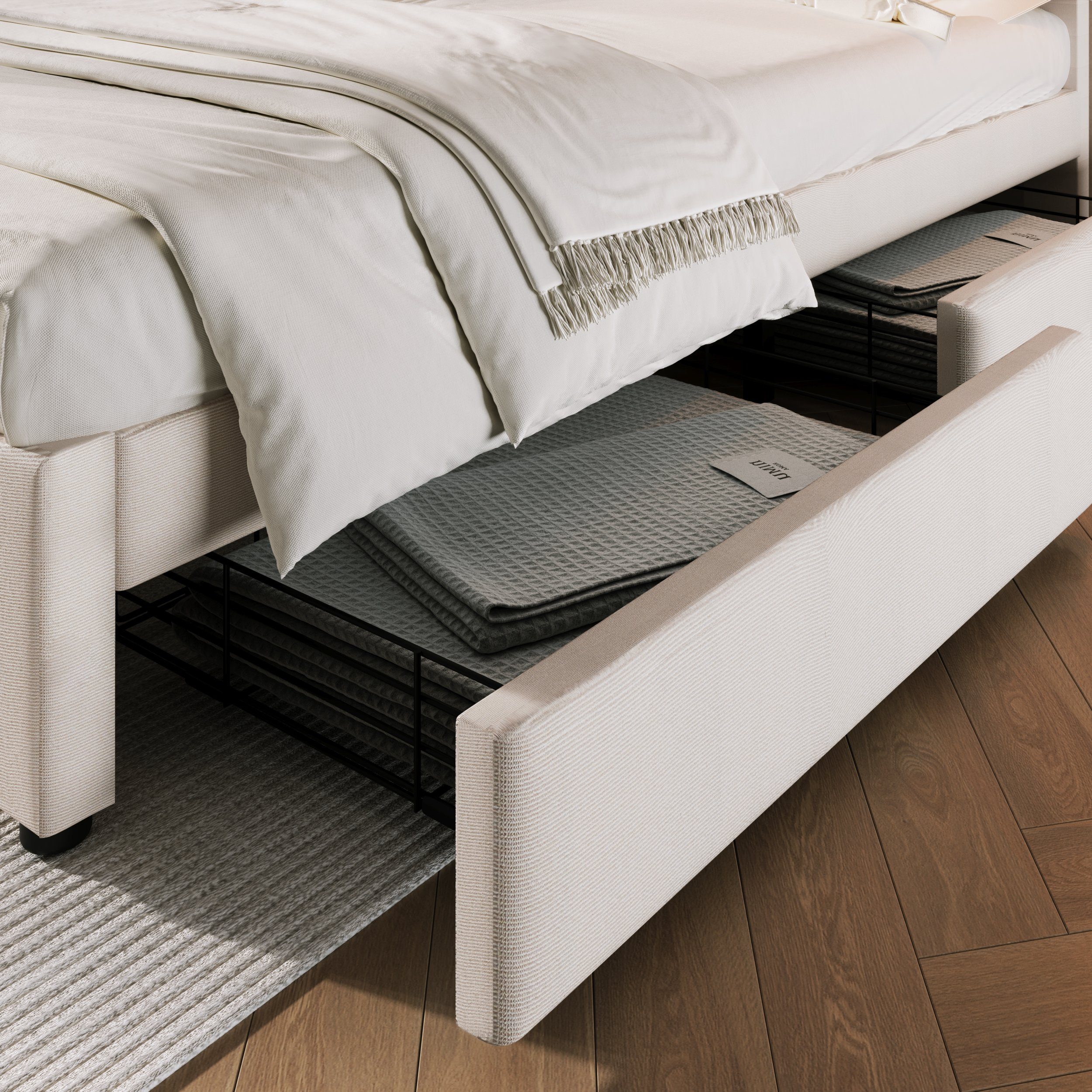Polsterbett (Doppelbett mit Lattenrost und 4 Schubladen), Stauraumbett 160x200cm mit USB Typ C Ladefunktion Kopfteil, Leinen