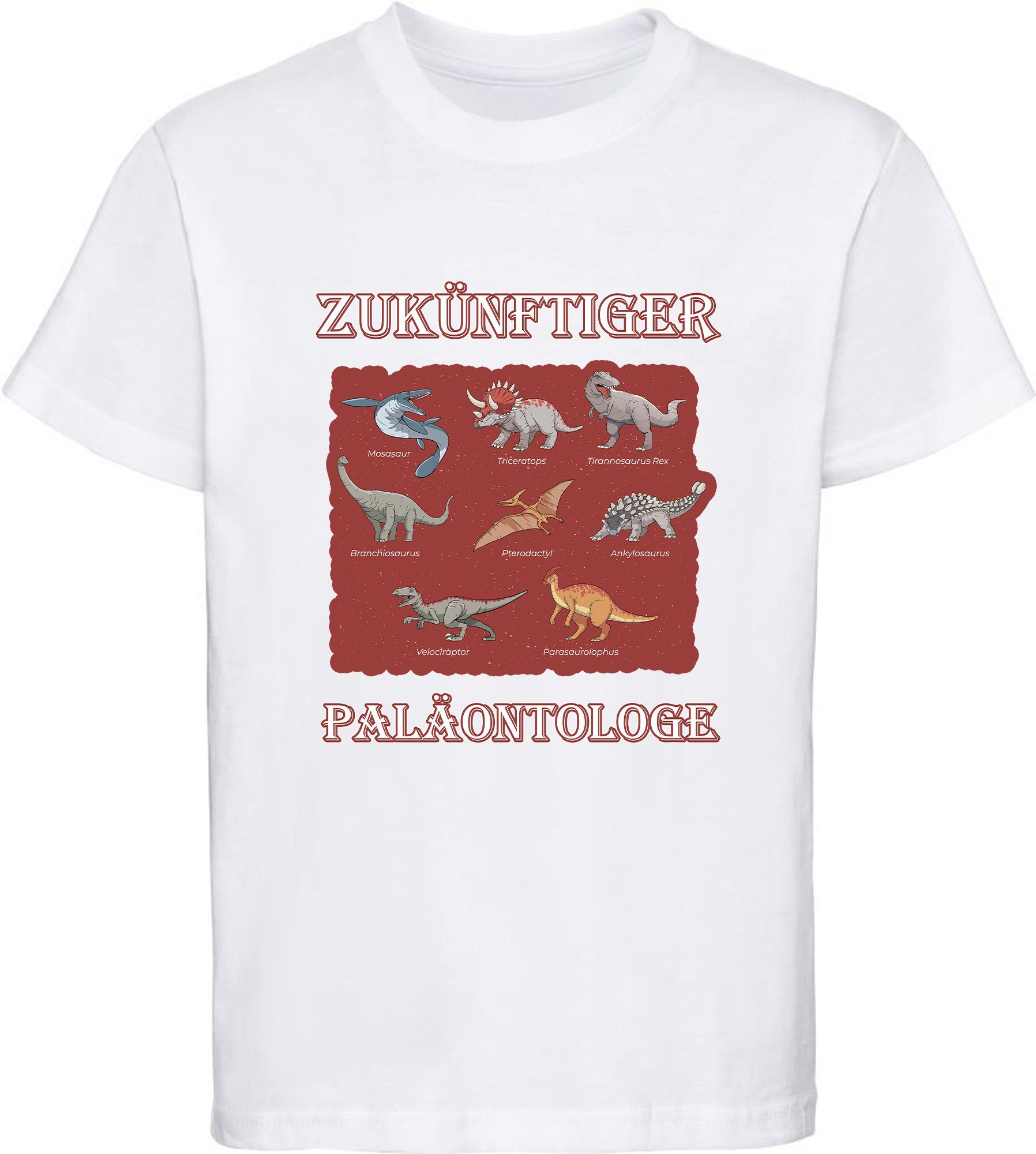 MyDesign24 T-Shirt bedrucktes Kinder T-Shirt Paläontologe mit vielen Dinosauriern 100% Baumwolle mit Dino Aufdruck, weiss i50