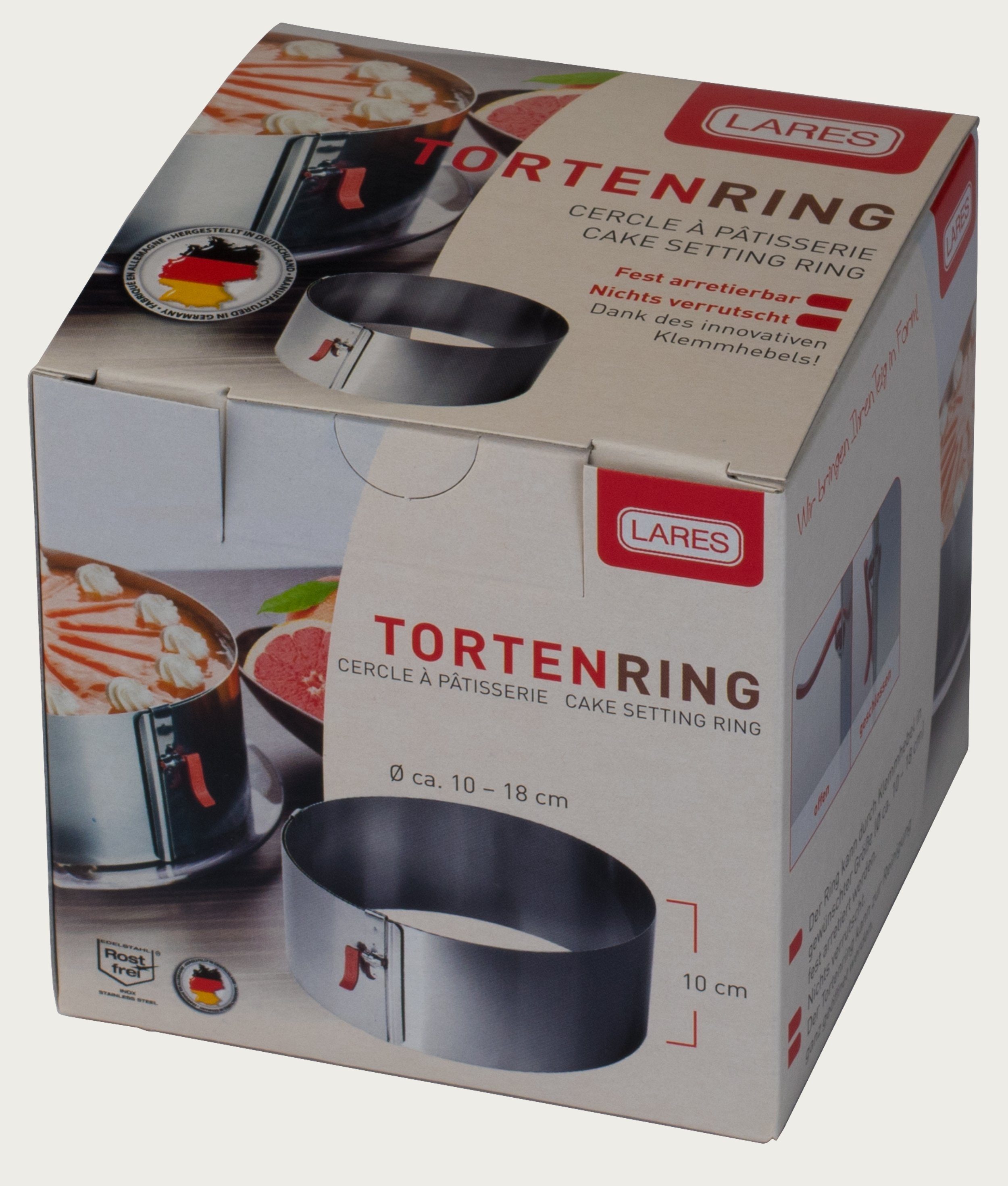 LARES Tortenring 6016, rostfreiem Germany Klemmhebel, Made aus Edelstahl, Edelstahl, 10cm Höhe, mit in verstellbar