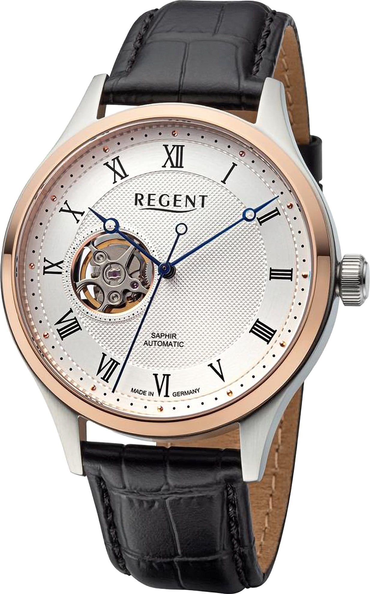 Regent Automatikuhr Regent Herren Armbanduhr Analog, (Analoguhr), Herren Armbanduhr rund, extra groß (ca. 42mm), Lederarmband