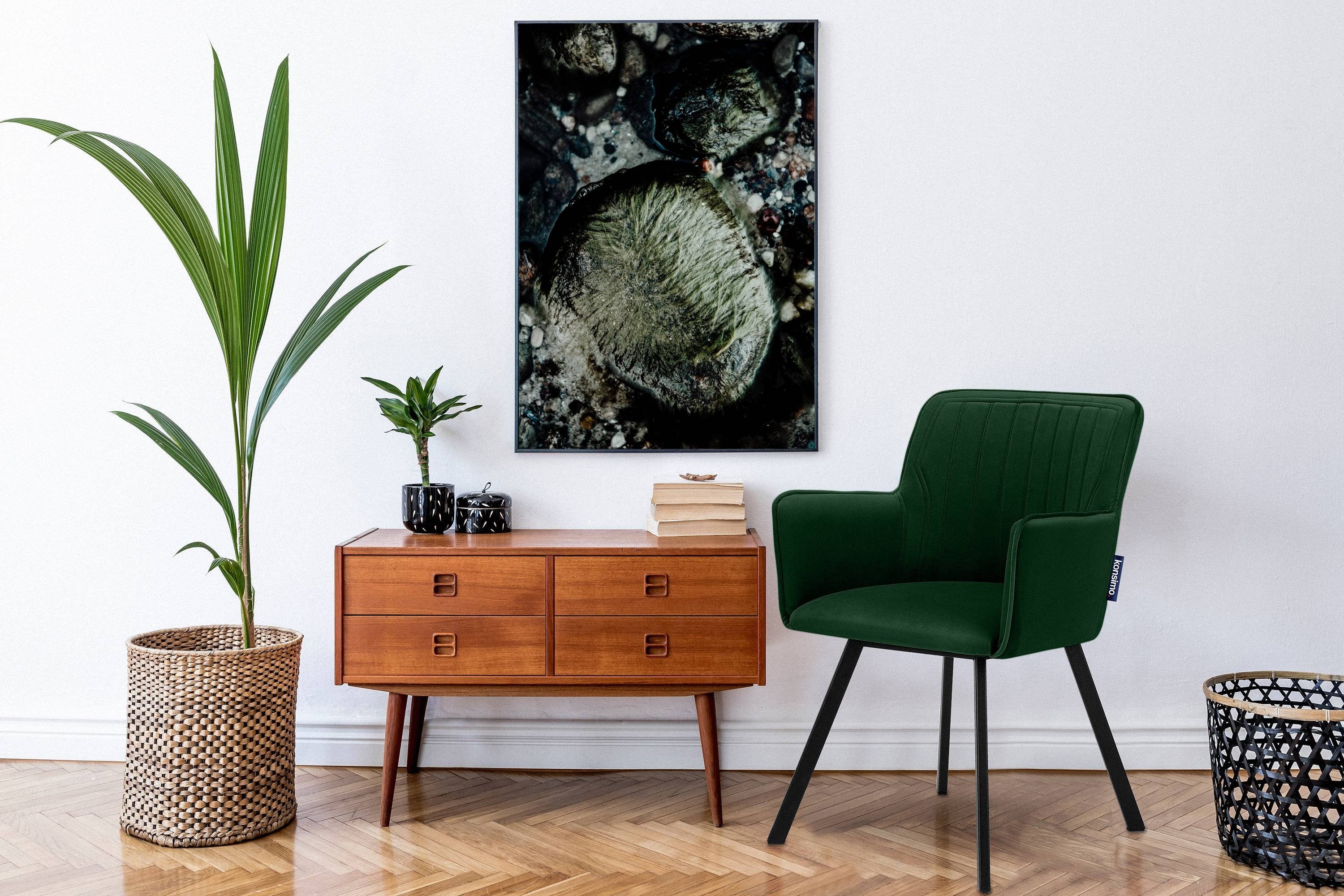 Konsimo Polsterstuhl PYRUS Wohnzimmerstühl Esstischstühl St), in EU hergestellt (Esszimmerstühl, schwarzer dunkelgrün Velours-Sitz, schwarz | 1 Metallrahmen, der dunkelgrün 
