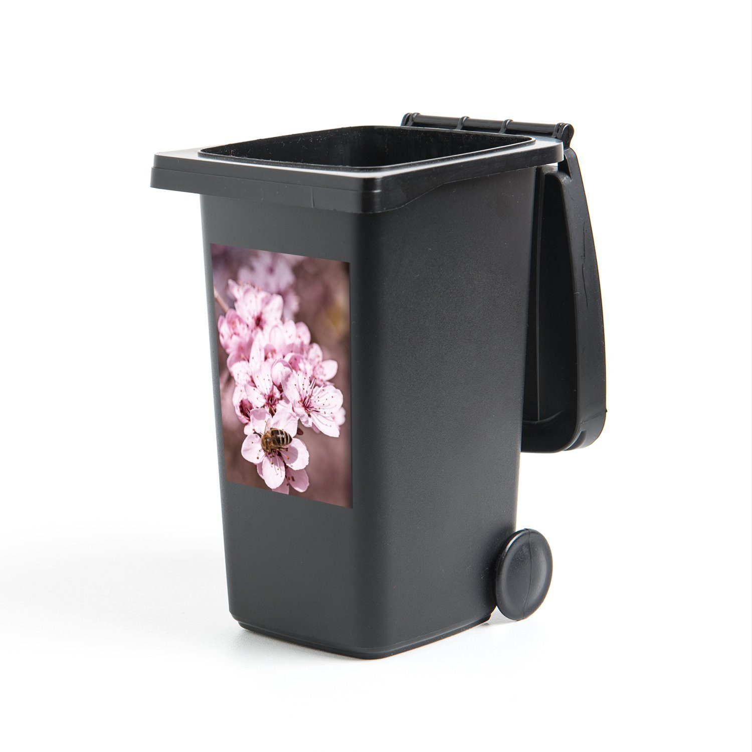 Mülltonne, St), Nahaufnahme Container, Sticker, einer MuchoWow einer Mülleimer-aufkleber, Wandsticker Kirschblüte Abfalbehälter auf (1 Biene